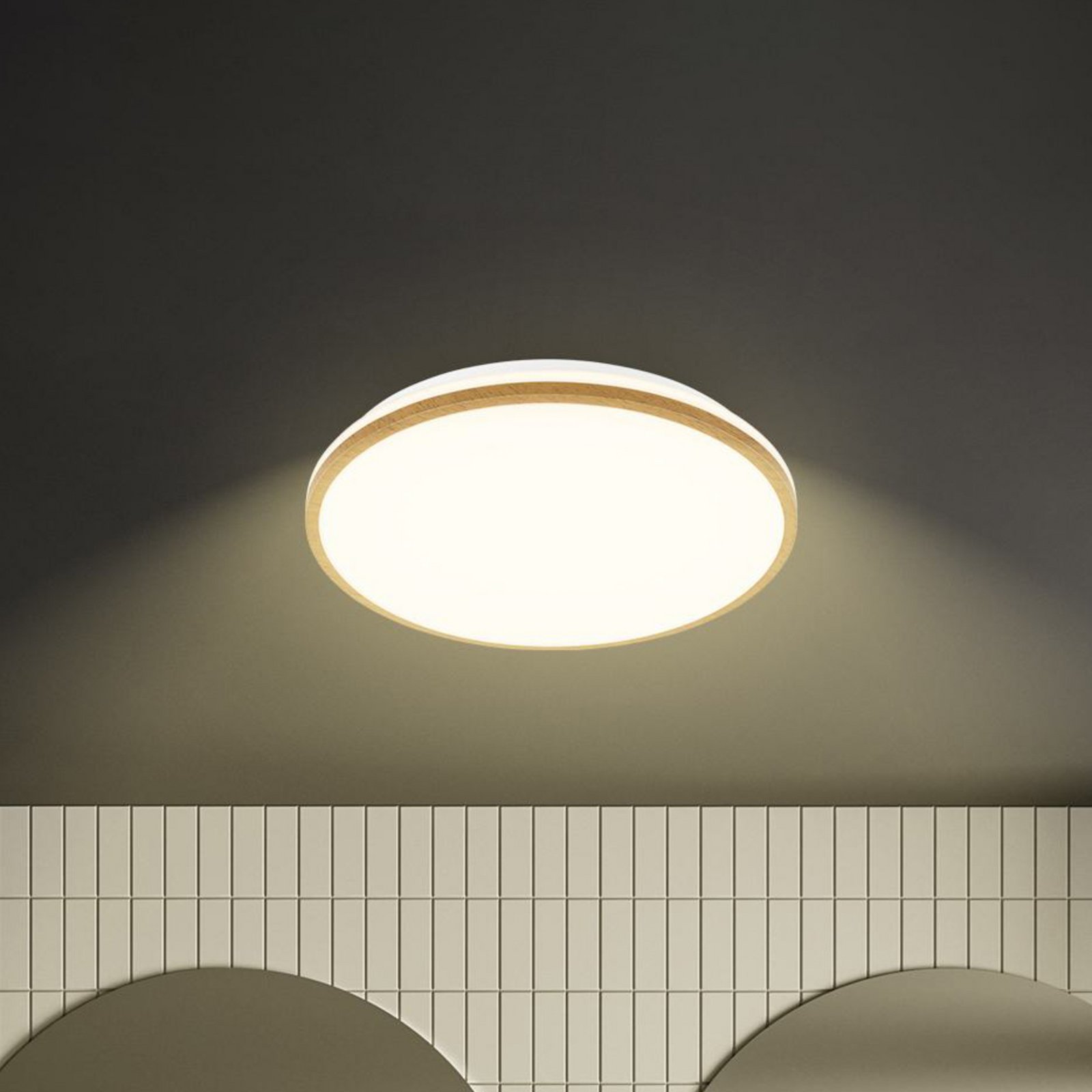 LED ceiling light Acorus, Ø 33 cm, white/wood colour, IP44