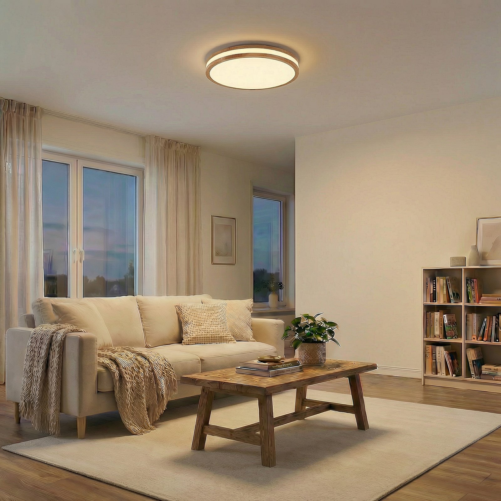 Lindby LED plafondlamp Emiva, 50cm, CCT, afstandsbediening, hout