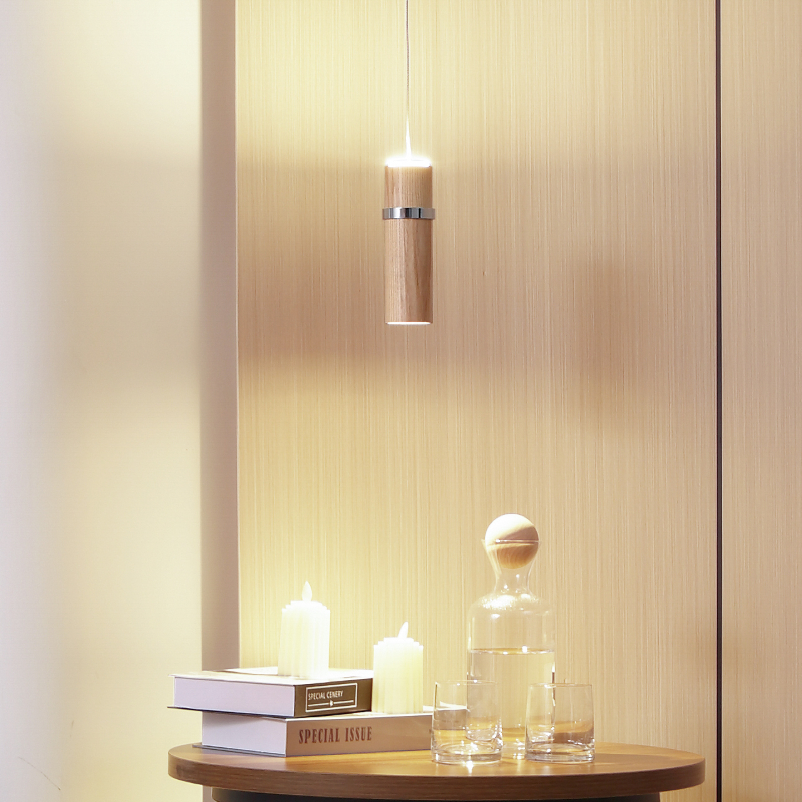 Lucande Lámpara colgante LED Nojus, madera, arriba/abajo, Ø 6 cm