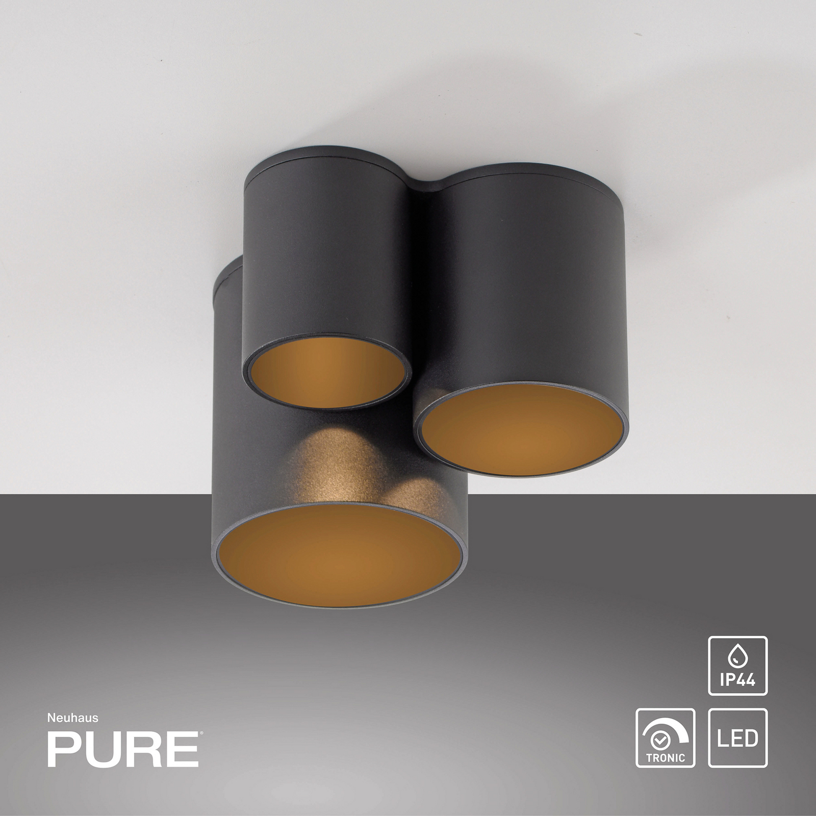 PURE LED лампа за баня Point, черна, дължина 18 cm, 3-крилна.
