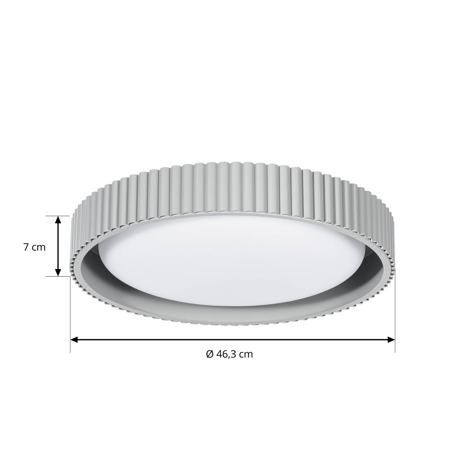Lampa sufitowa LED Lindby Colbie, szara z żłobieniami, Ø 46 cm, ściemniana.