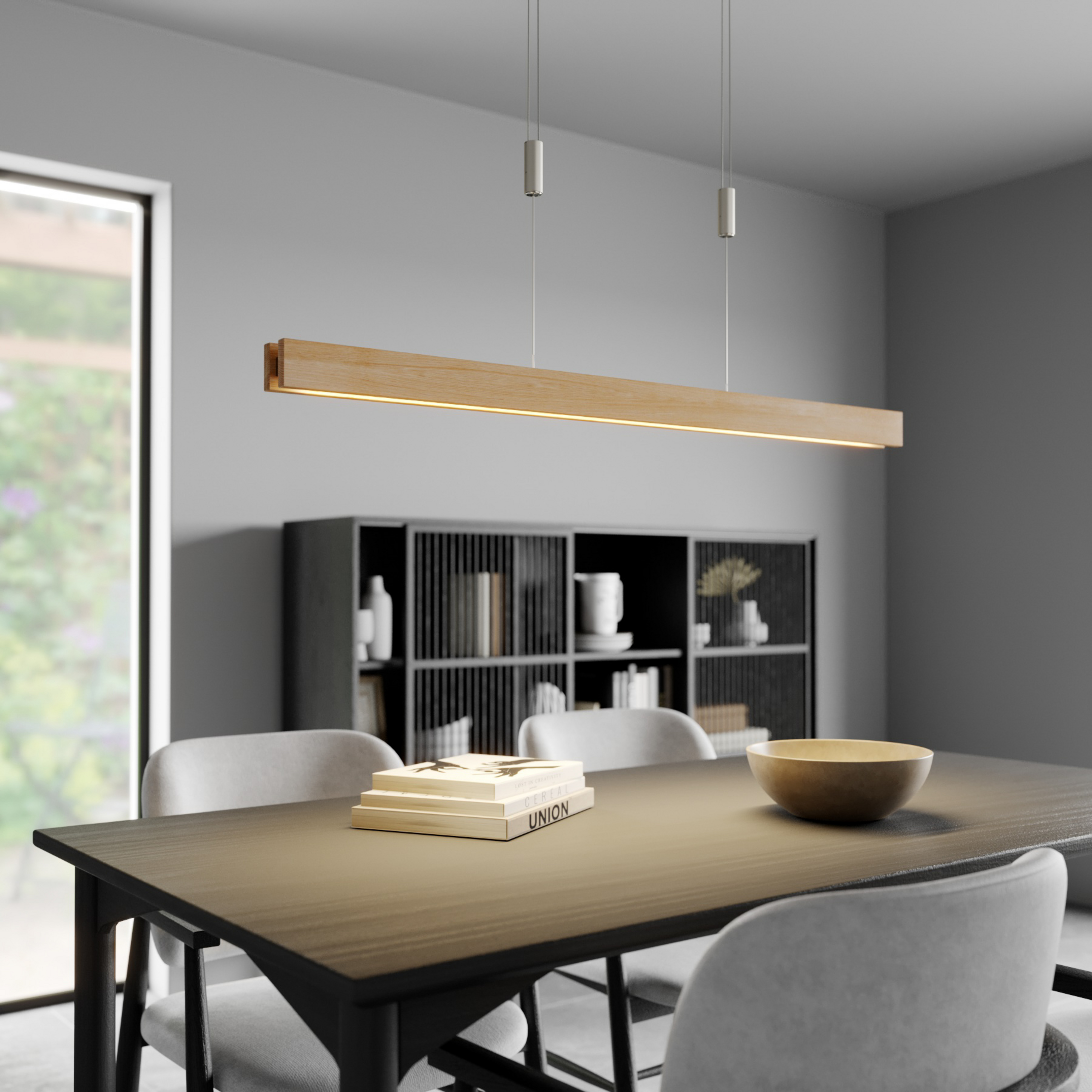 Quitani LED-hängande lampa Alin, längd 98 cm, naturlig ek