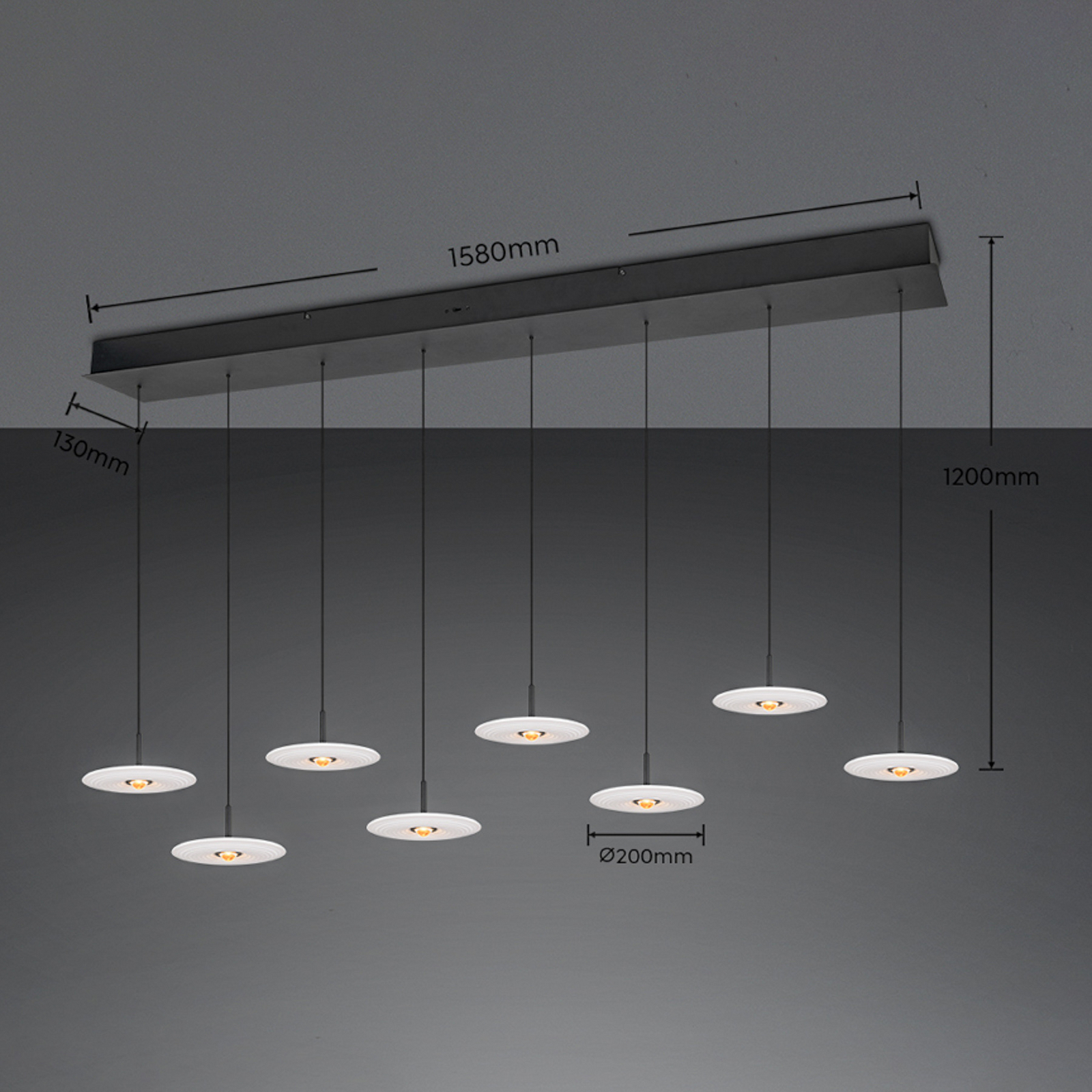 LED висяща лампа „Sirena“, бяла, дължина 167 см, стъкло, CCT, 8-лампова LED висяща лампа „Sirena“, бяла, дължина 167 см, стъкло, CCT, 8-лампова