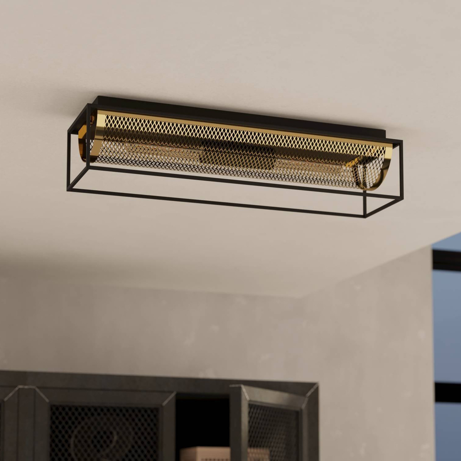 Nohales ceiling light, length 64 cm, black/brass, 2-bulb.