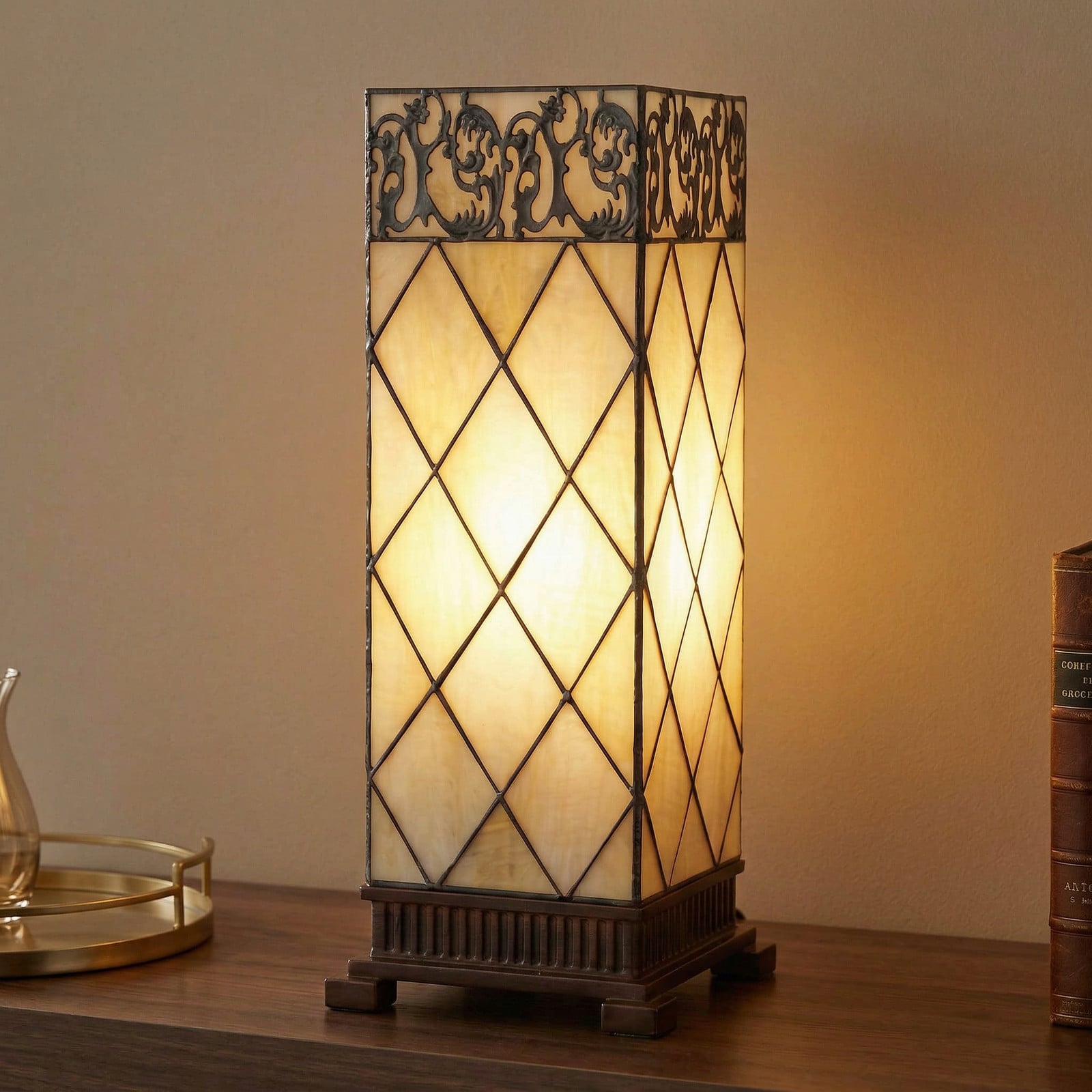 Clayre&Eef Lampă de masă Diamond stil Tiffany 45 cm - Camera de zi / sufragerie - crem maro închis - Sticlă