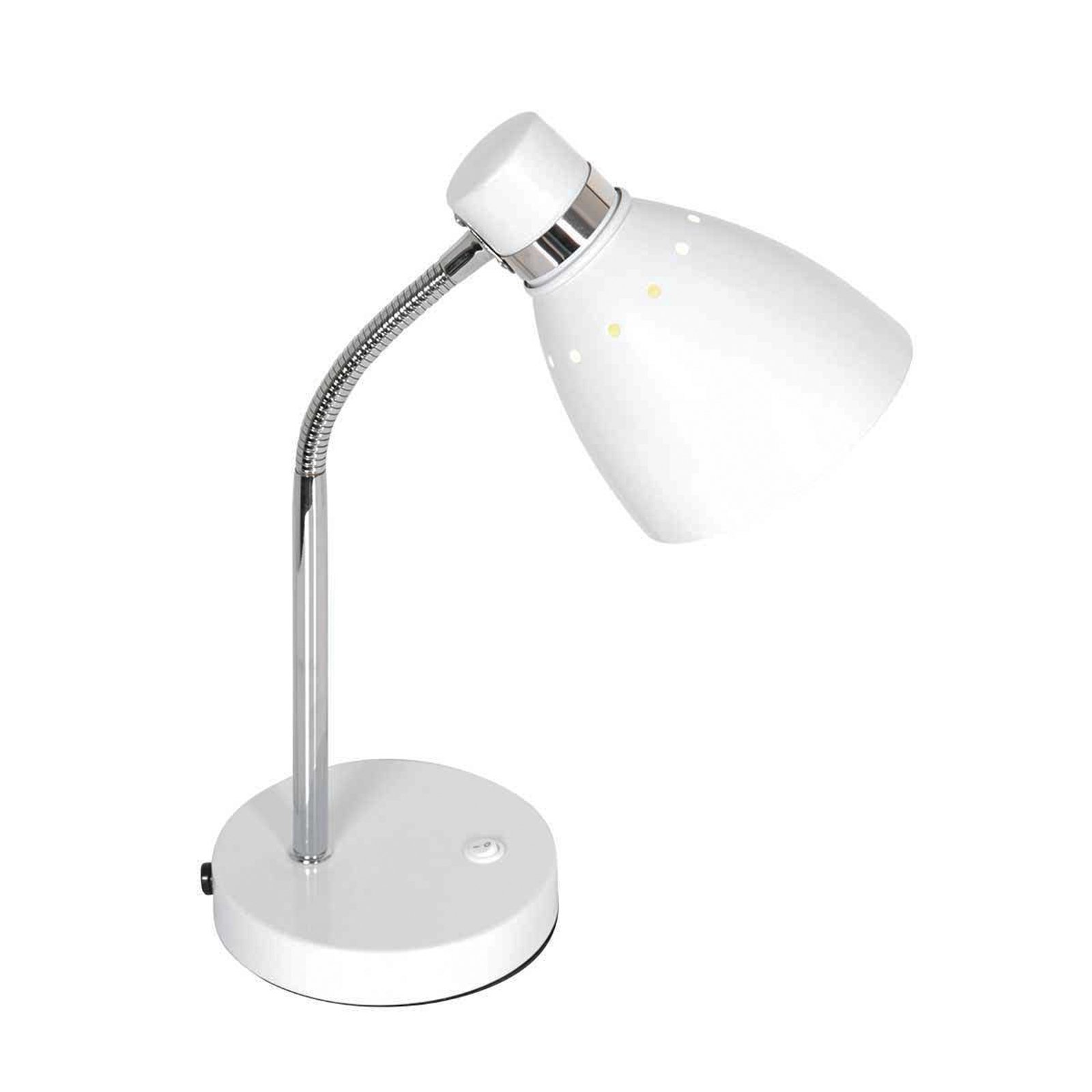 Bordlampe med fjær, hvit, metall, fleksibel arm, med bryter