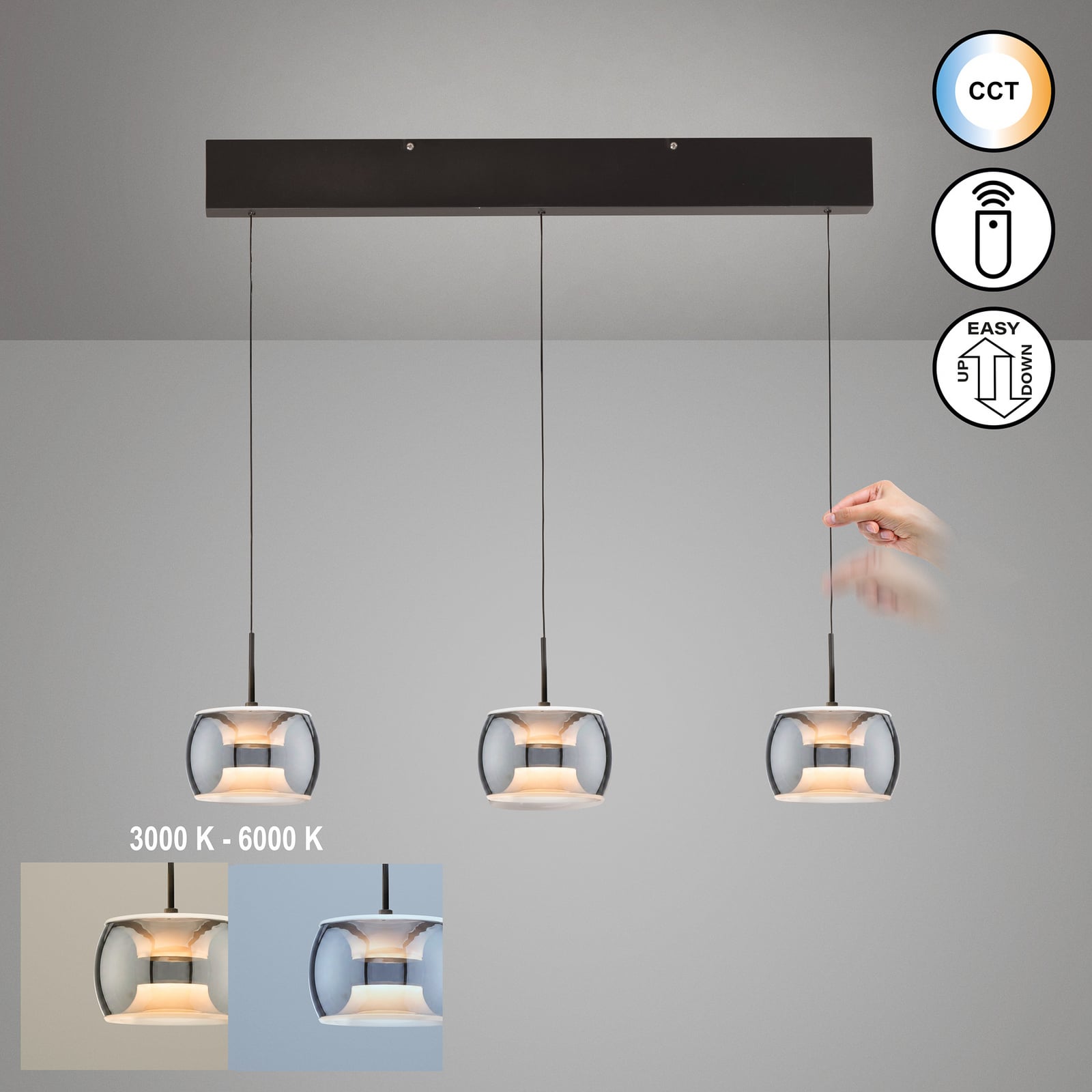 LED-Hängelampe Valen, sandgrau, Länge 80 cm, Metall, CCT 3fl LED-Hängelampe Valen, sandgrau, Länge 80 cm, Metall, CCT 3fl