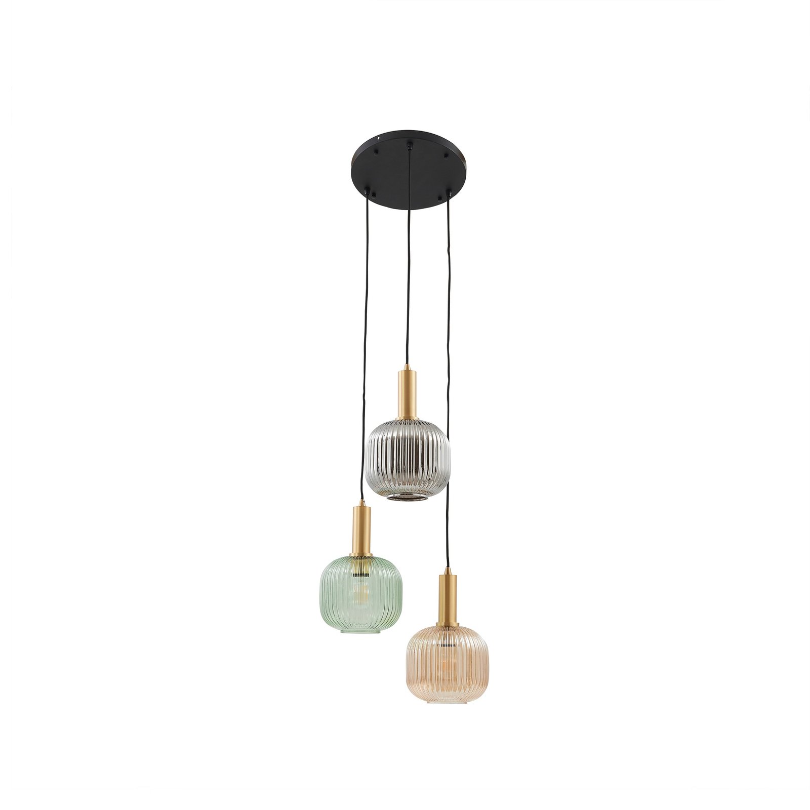 Lindby Doroteo hanglamp, 3-lamps, groen/amber/grijs, glas