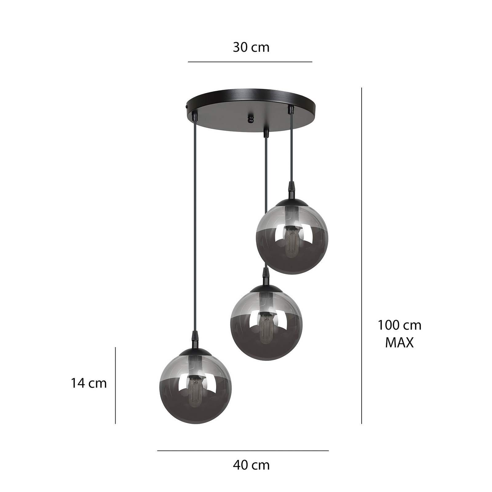 Glassy hanging light 3-bulb round graphite glass