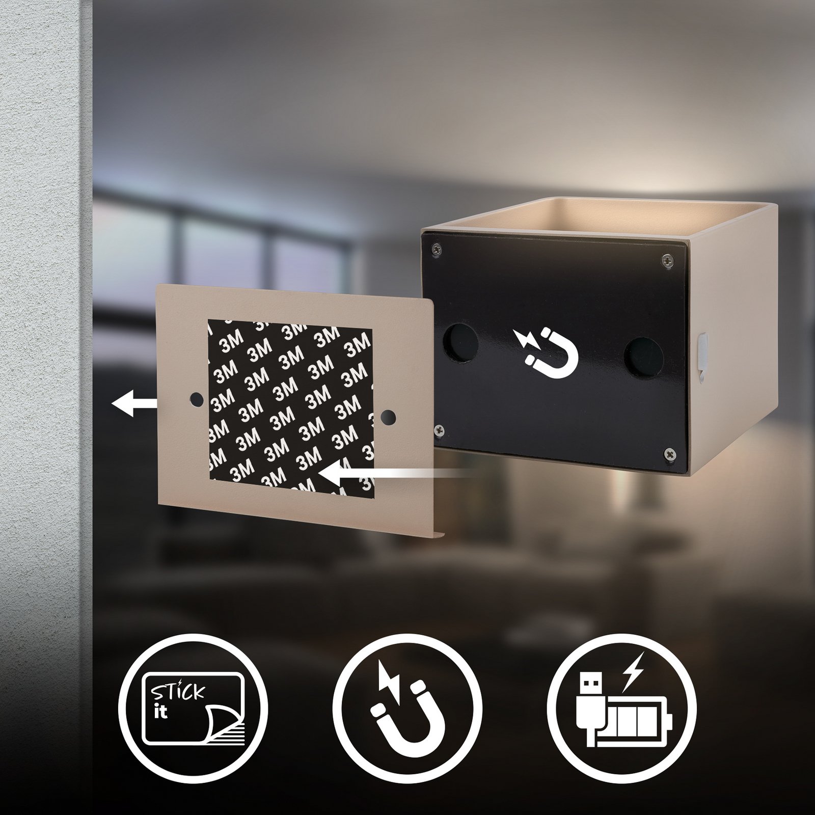 LED-akutoitega seinavalgusti Barro, beež, laius 8 cm, metall, andur