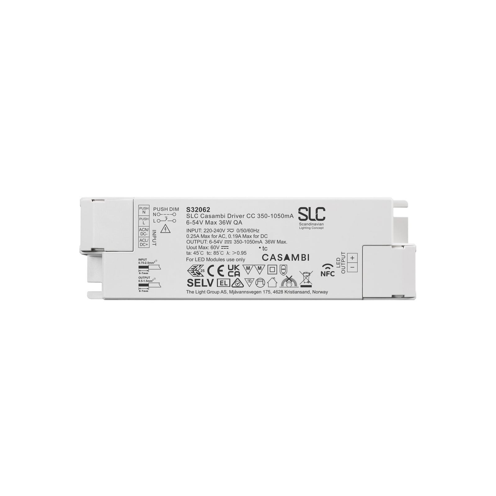 Transformador LED de 1 canal atenuable, 350-1050 mA, 36 W, NFC Casambi