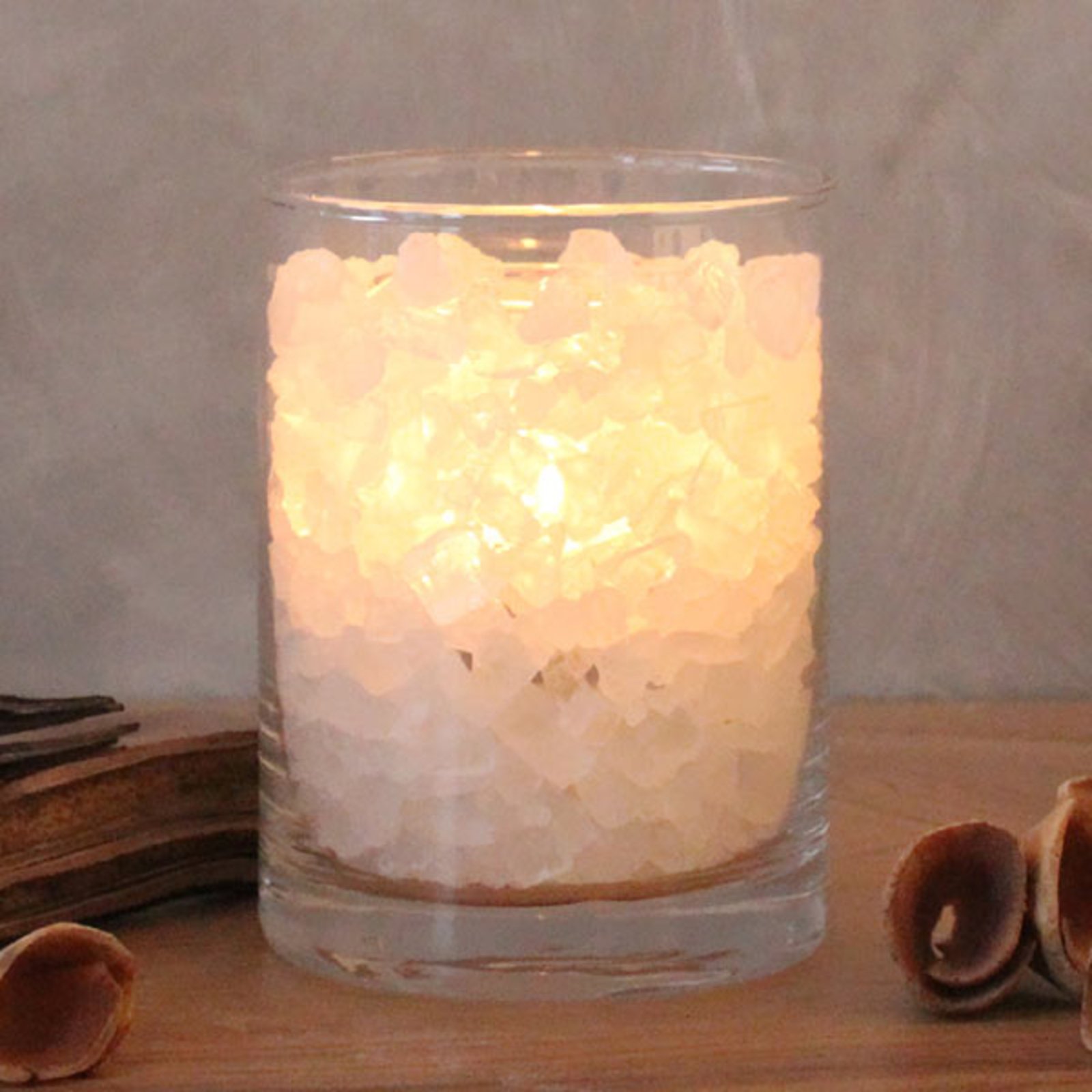 Saltkristall polareld glas med palmvaxljus