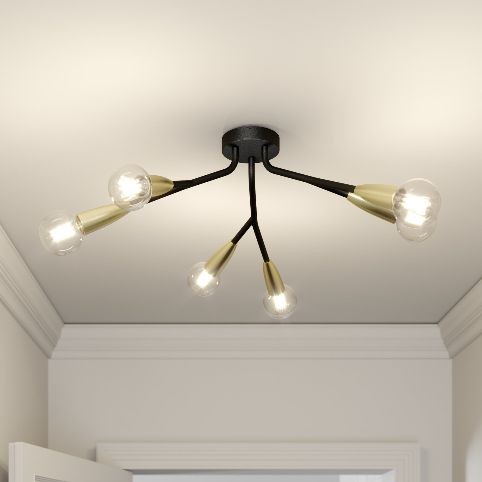 Lucande Carlea ceiling lamp 6-bulb black and brass