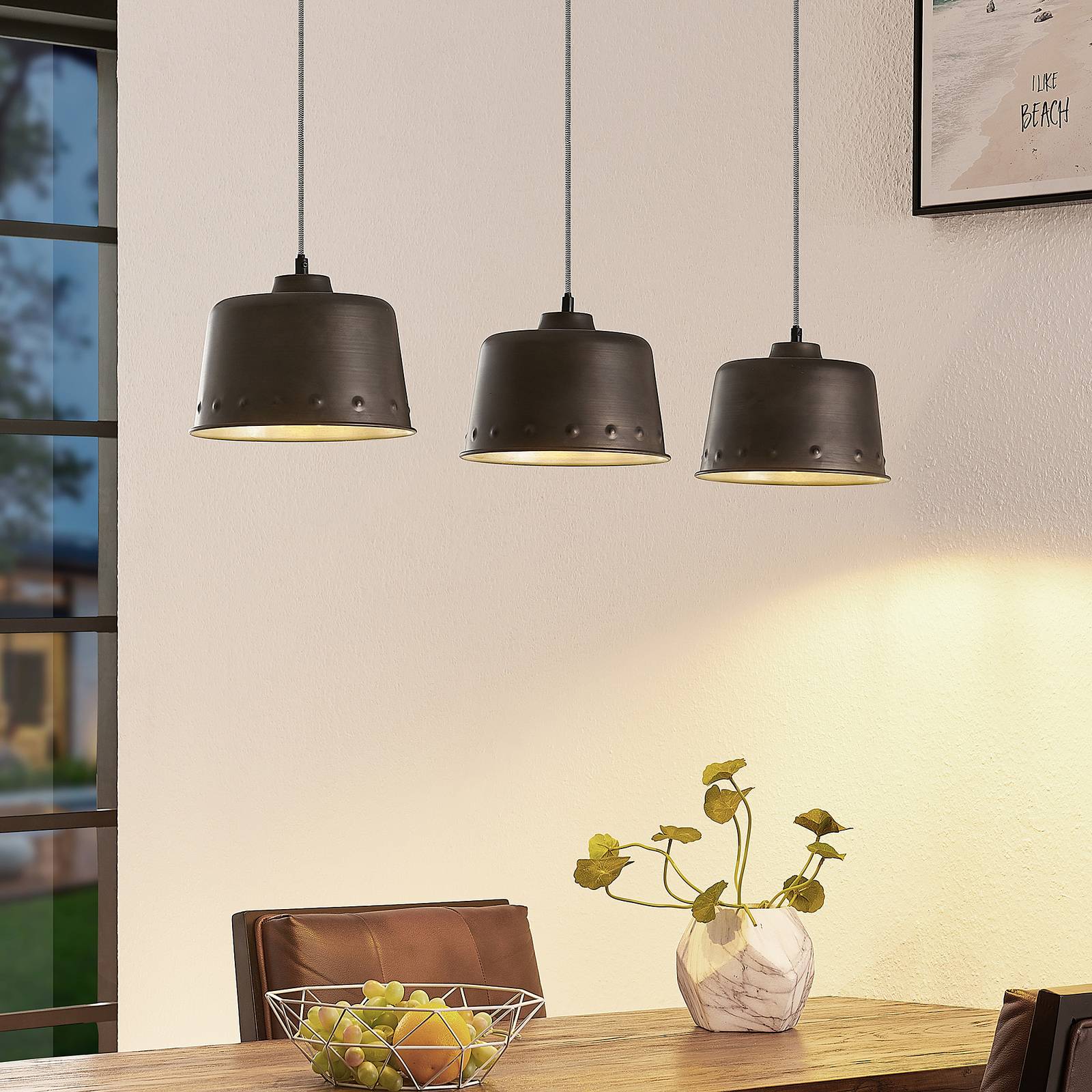 Lindby Rubinjo hanging light, 3-bulb, for Living / Dining Room, metal, wood, E27, 40 W, energy efficiency: A++, L: 102 cm, W: 22 cm, H: 16 cm