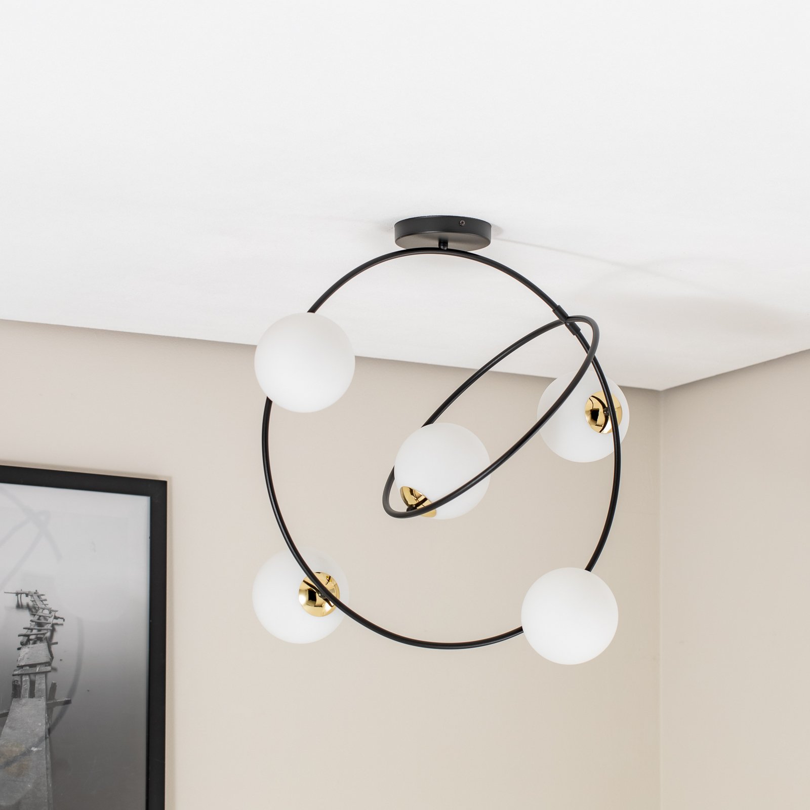 Stardom ceiling light, opal white/black, glass, E14