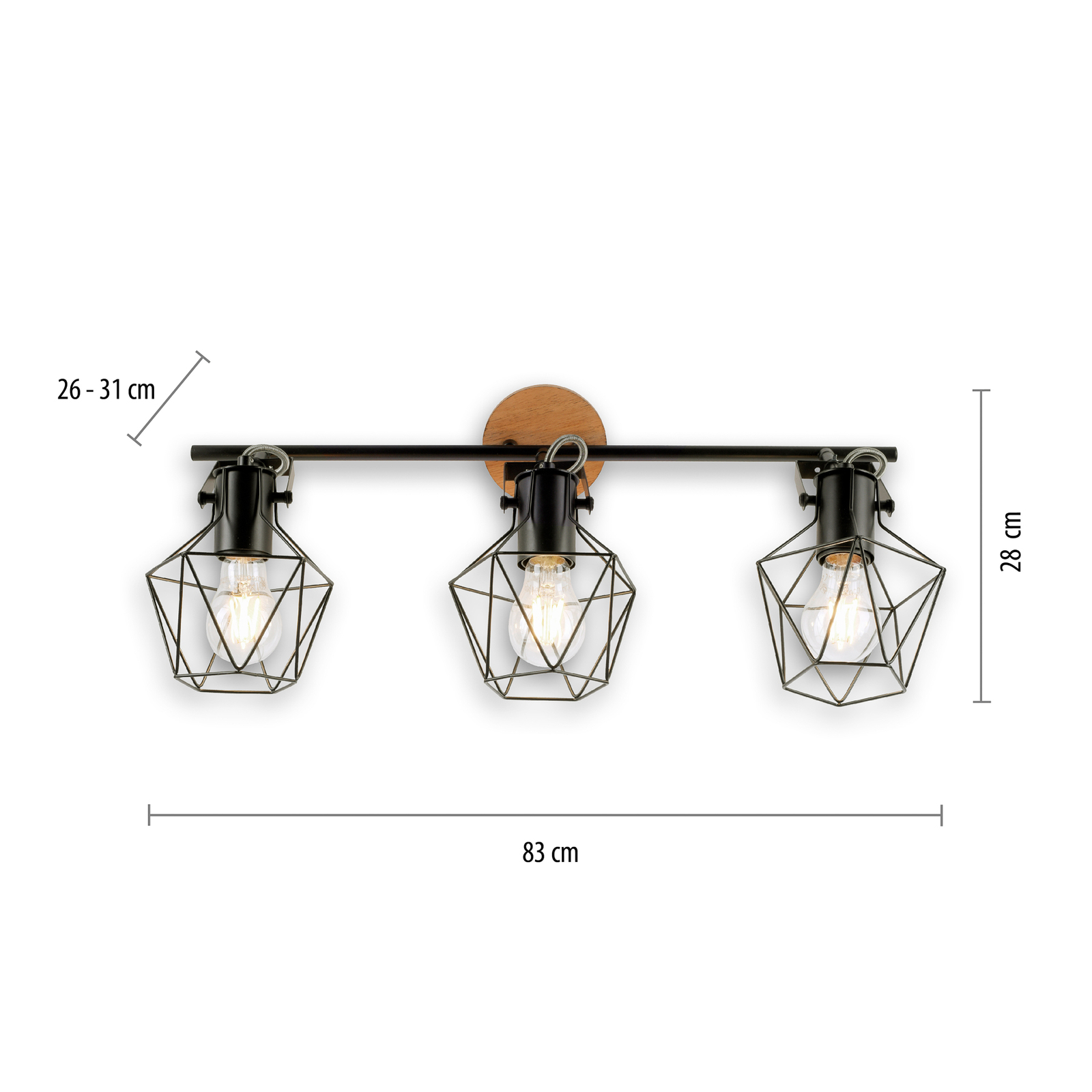 Lubinis šviestuvas Jaro reguliuojamas juoda/mediena 3 žibintai
