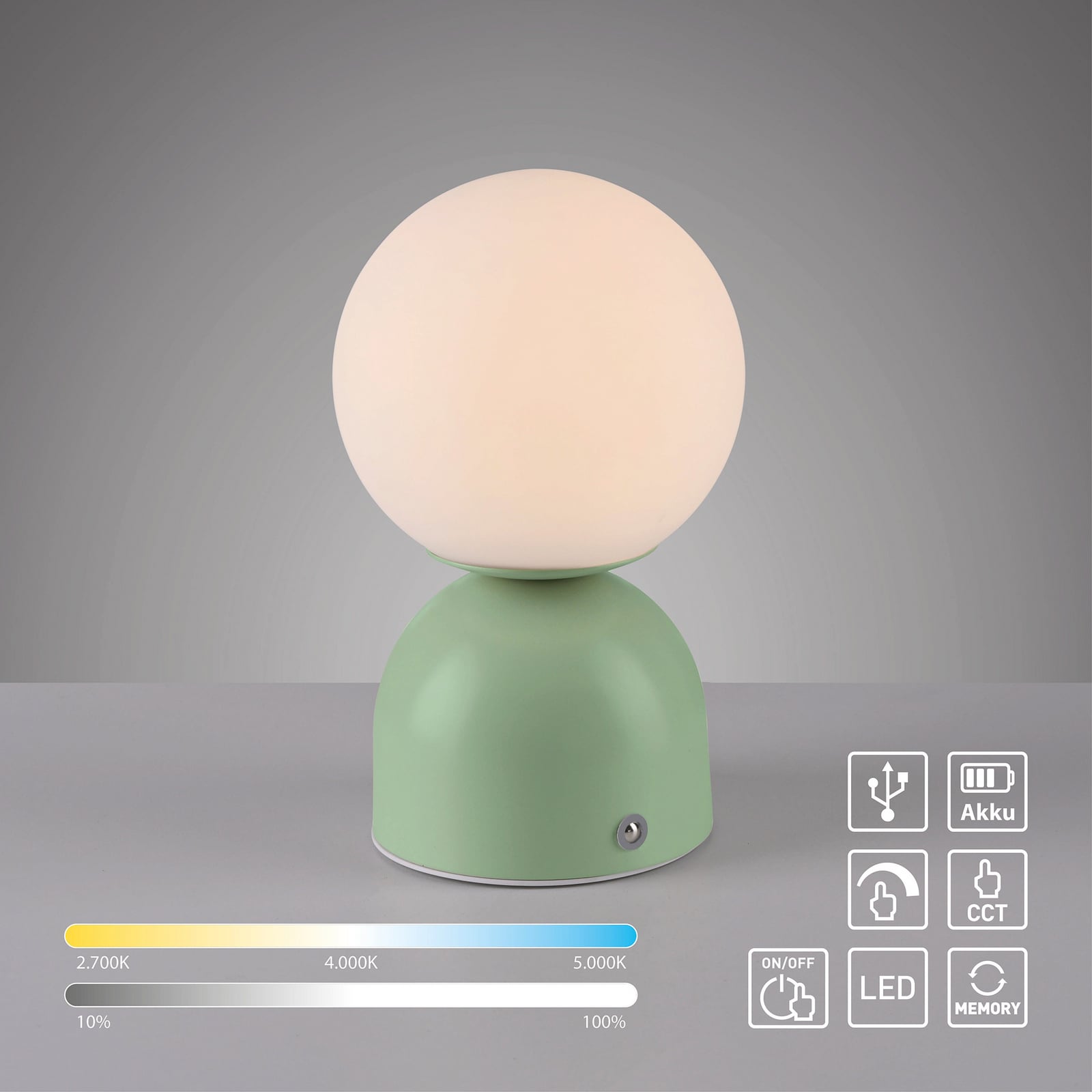 LED-akutoitel laualamp RUDI, roheline, kõrgus 20 cm, CCT, puutetundlik hämardus