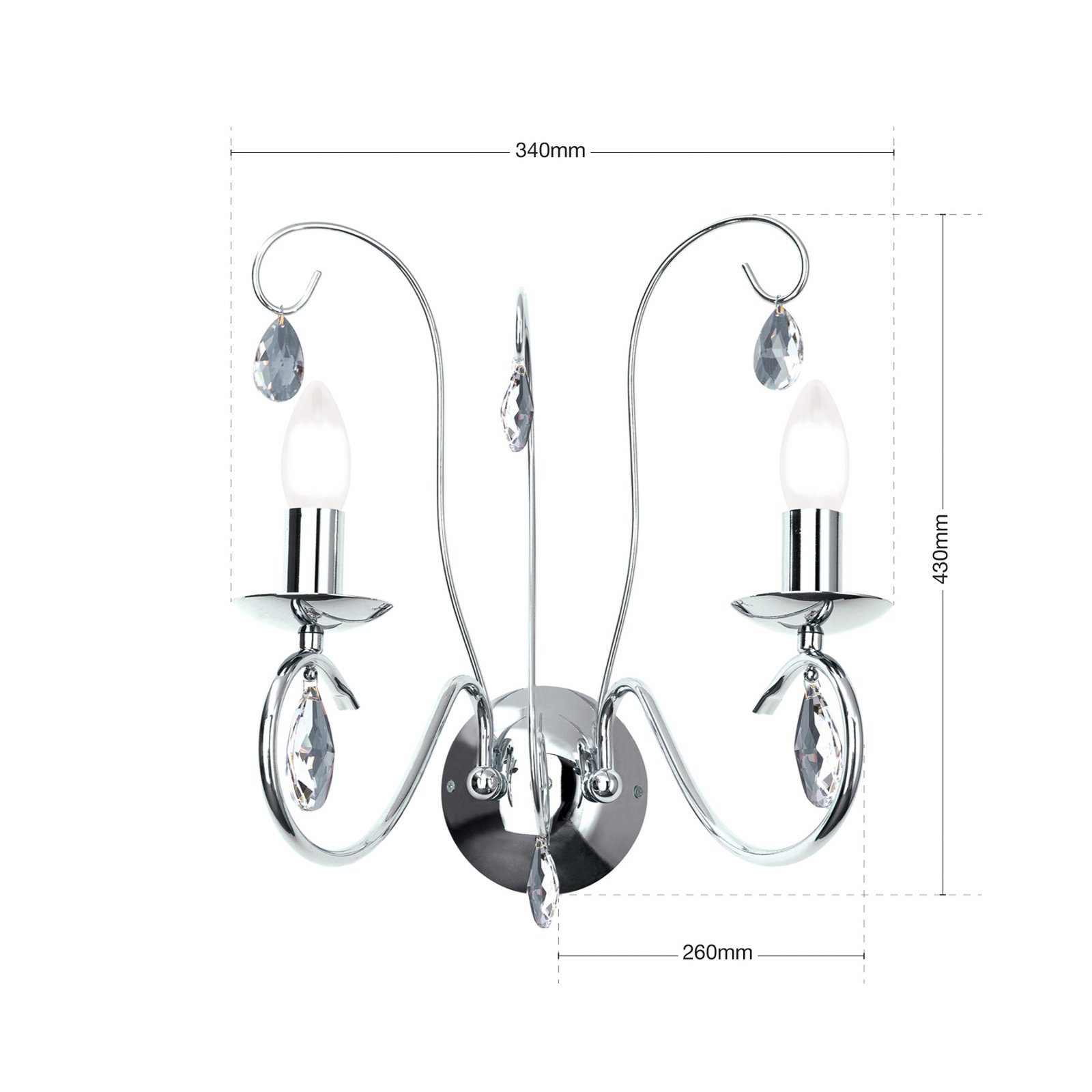 Wall light Alessia 2-bulb crystal glass chrome