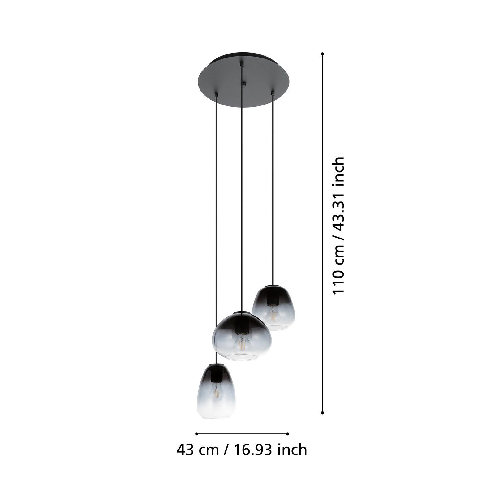 Pendellampe Aguilares, røykt glass, 3-lys rondel