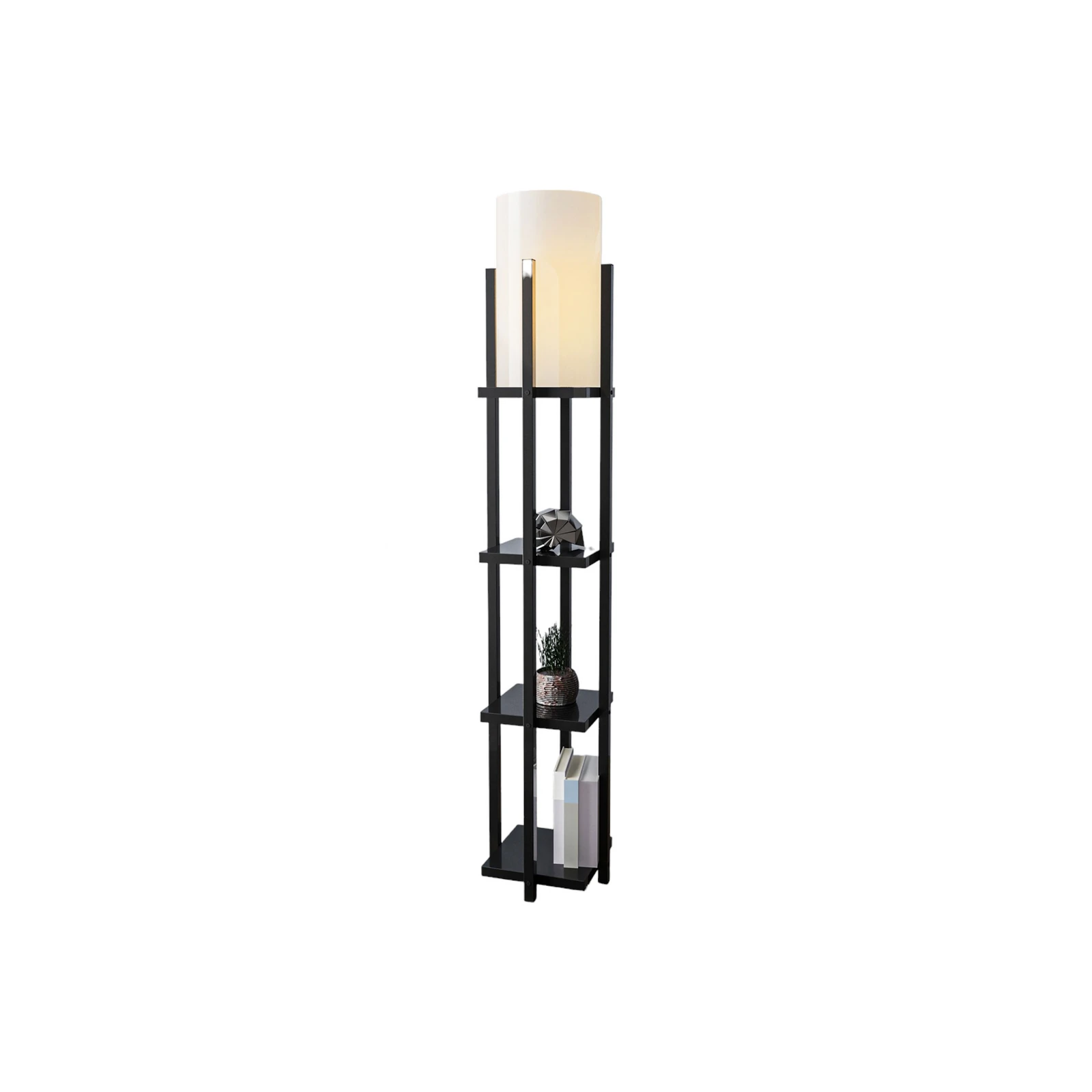 Stojací lampa 8111 černá, police, látkové stínidlo bílé