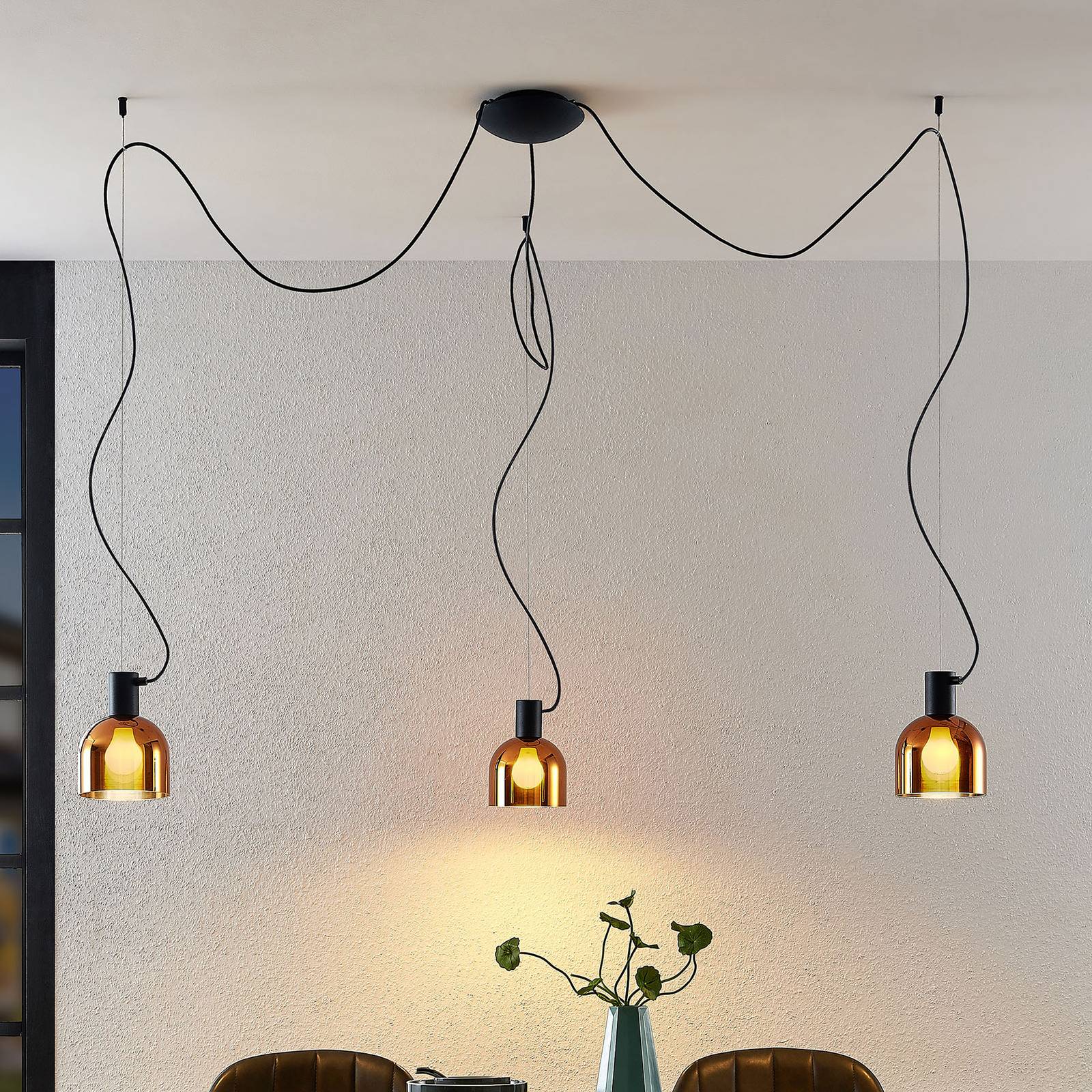 Lucande Serina hængelampe, 3 lyskilder, kobberglas