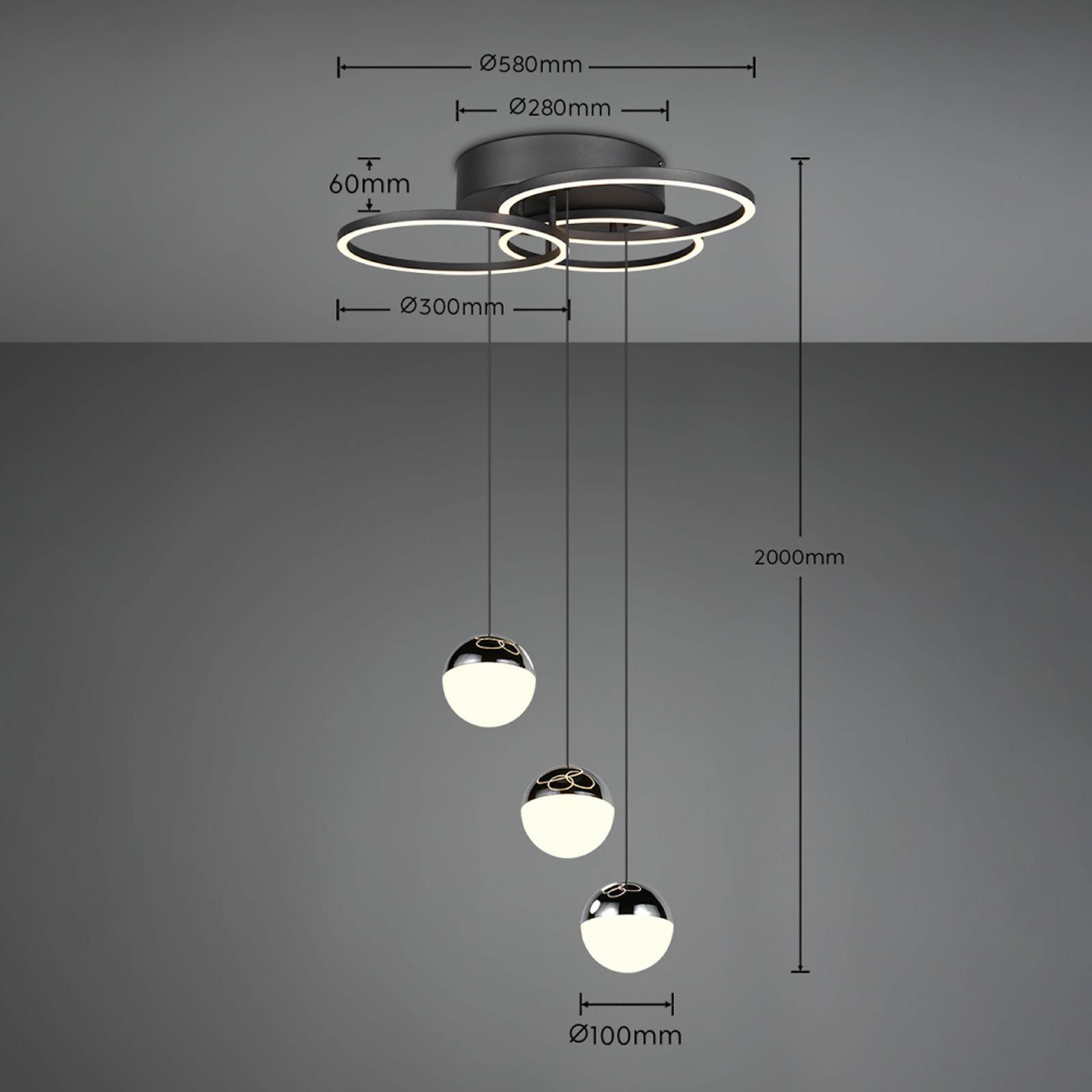 LED-pendellampe Larino, rund, svart, metall, CCT, fjernkontroll