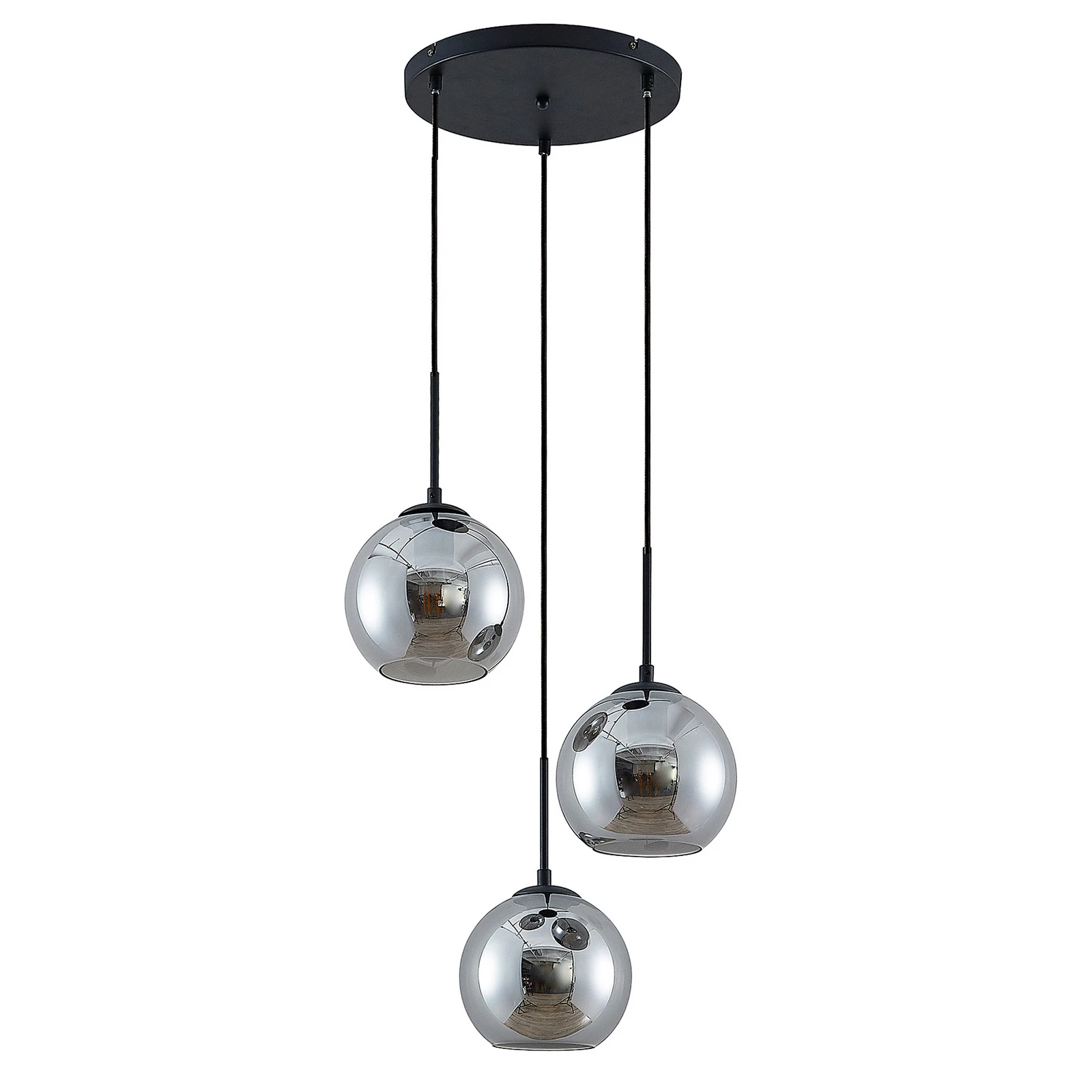 Lindby Suspension Jurian, 32 cm, 3 lampes, noir/fumée, verre