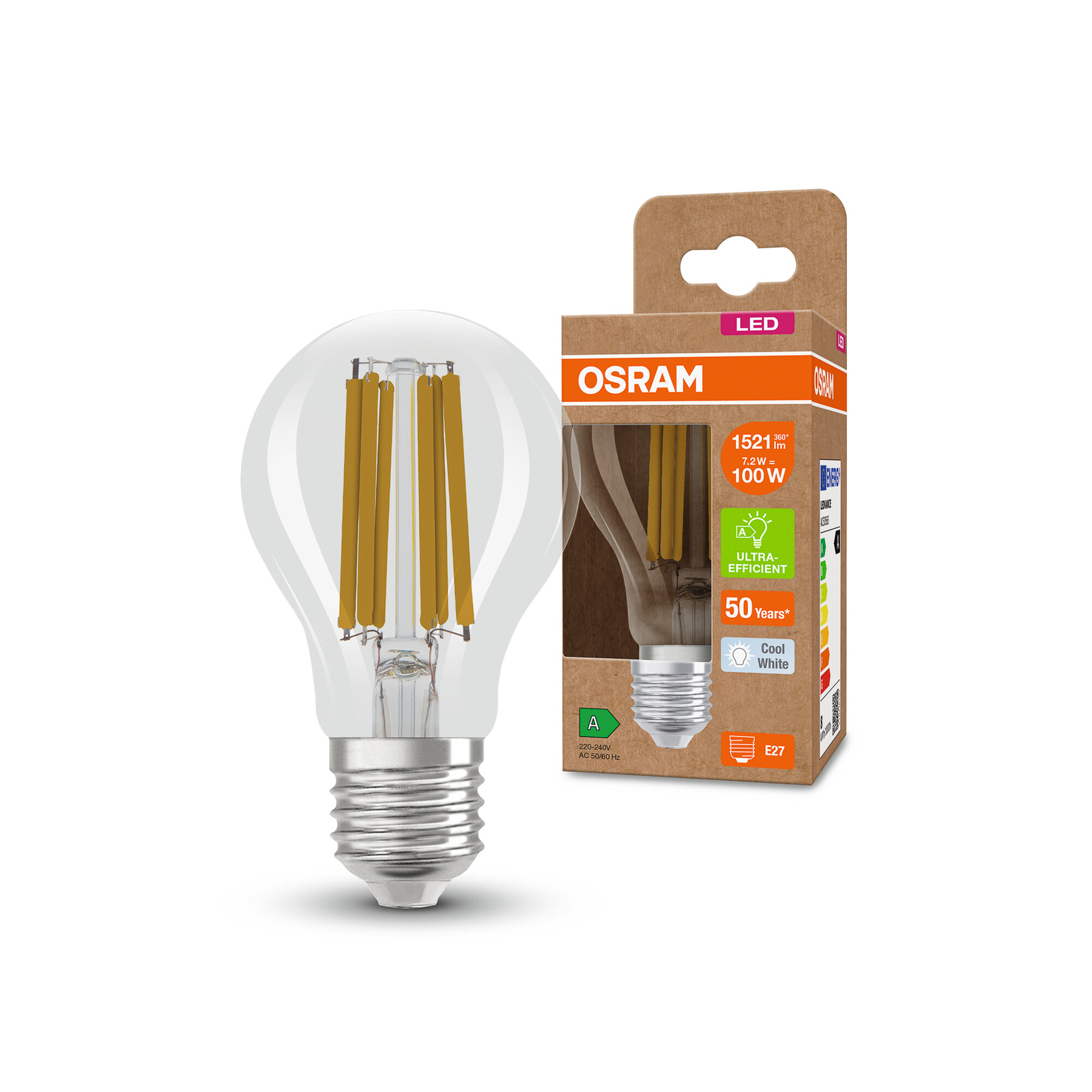 OSRAM LED Classic, filament, E27, 7.2 W, 1,521 lm, 4,000 K