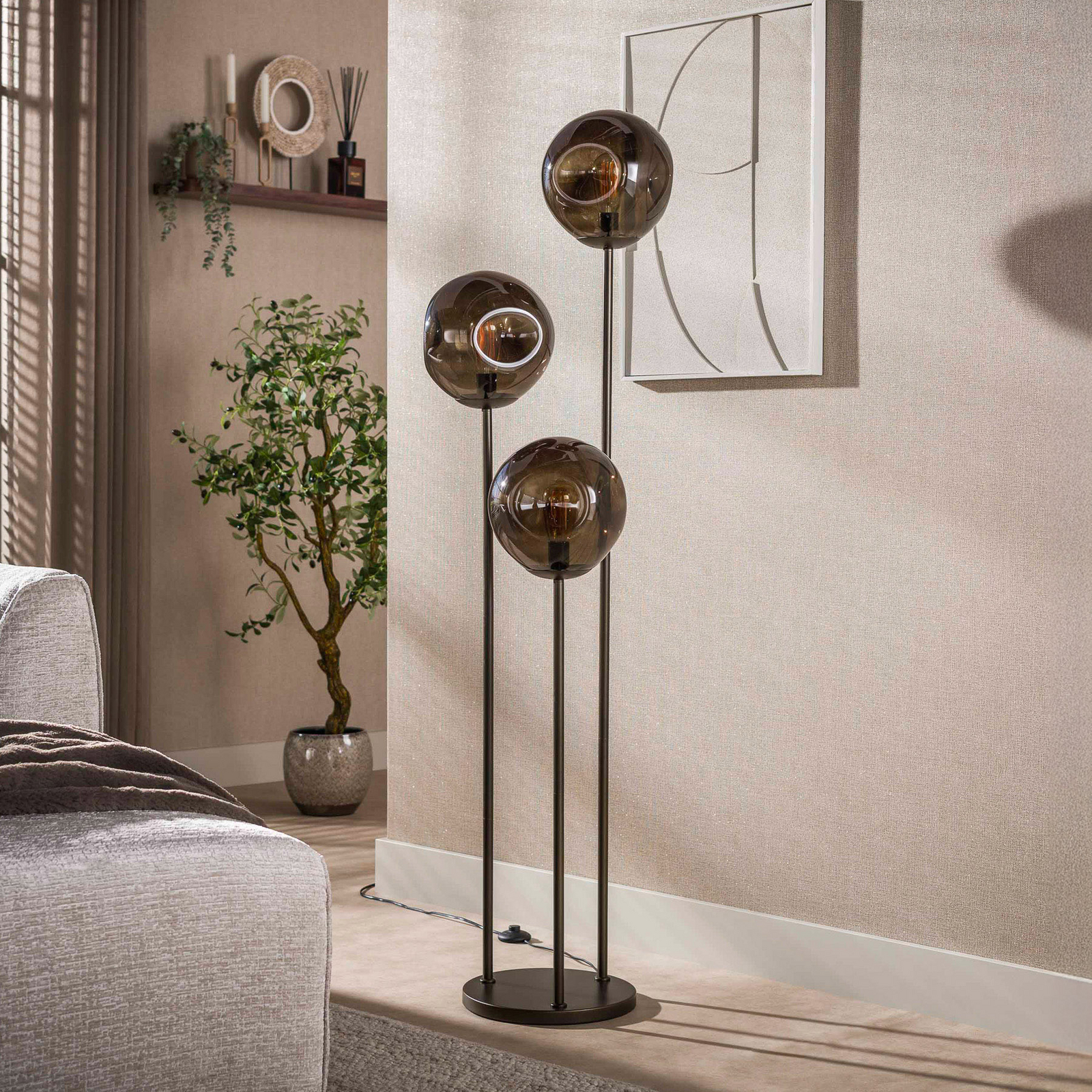 Stojací lampa Stellar, 3 žárovky, hnědá, sklo, kov, E27