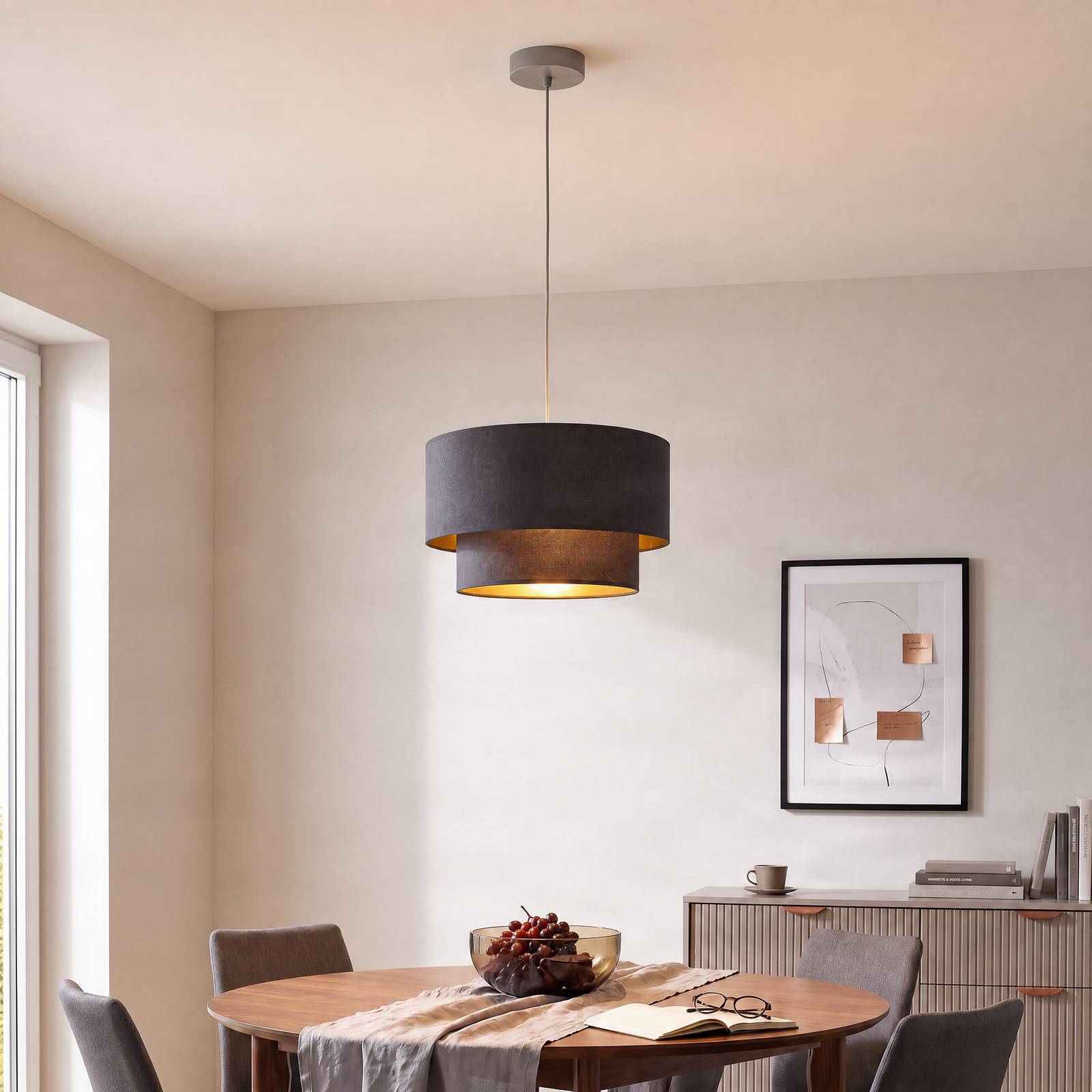 Duolla Hanglamp Boho, grijs/goud, Ø 45 cm, textiel, E27
