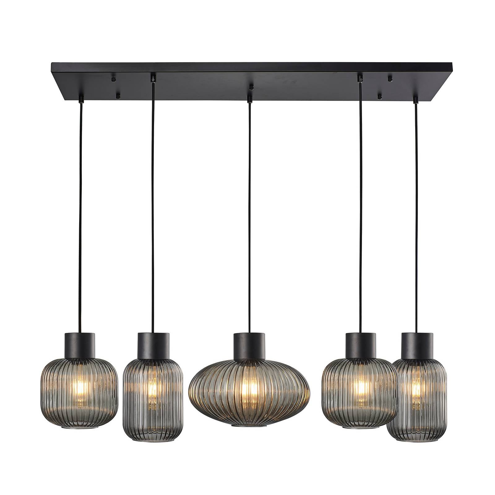 Lucande Lomeris hanging light, 5-bulb, smoky grey, for Living / Dining Room, glass, iron, E27, 60 W, L: 107.5 cm, W: 26.5 cm