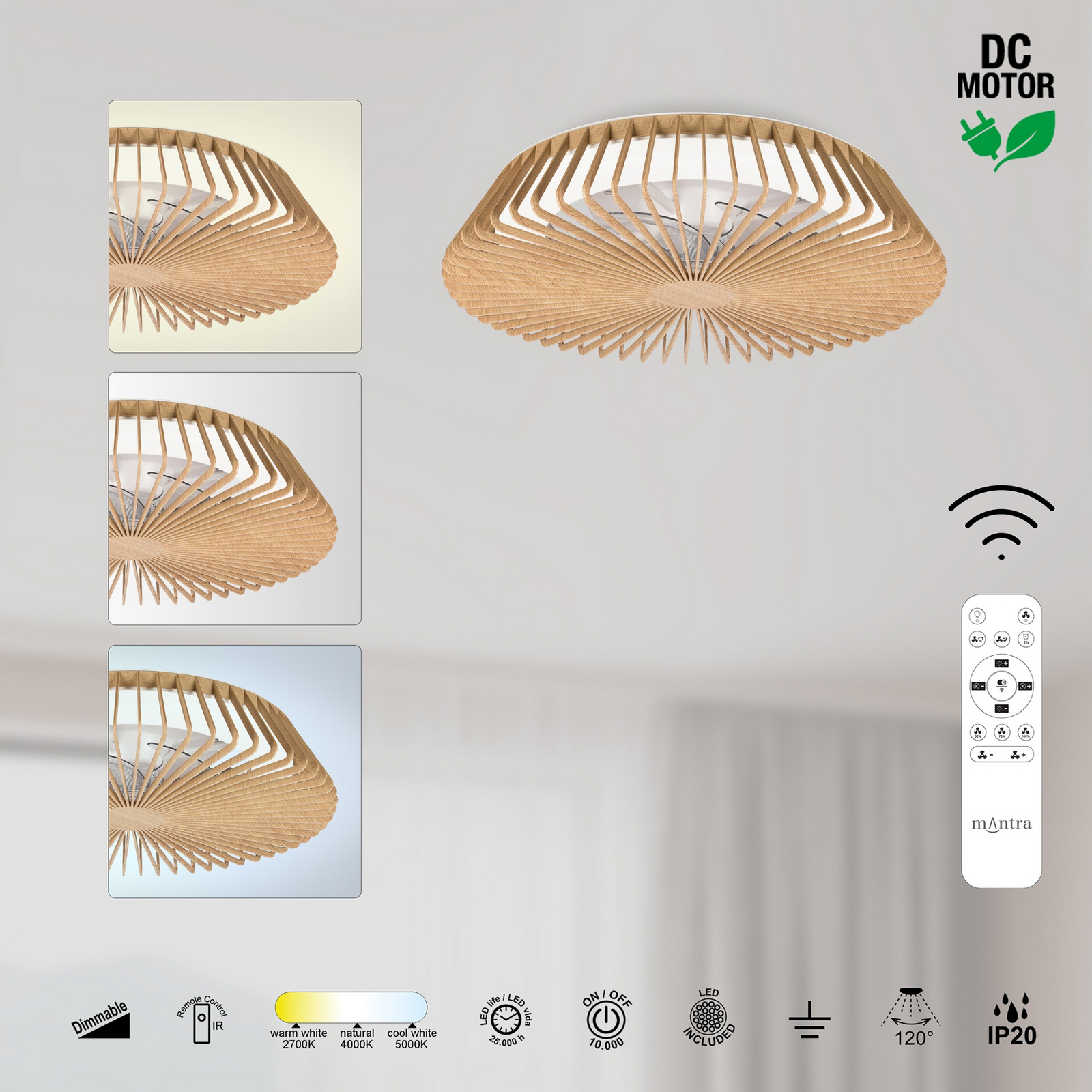 Wentylator sufitowy LED Himalaya Mini, drewno, DC, cichy, CCT Wentylator sufitowy LED Himalaya Mini, drewno, DC, cichy, CCT