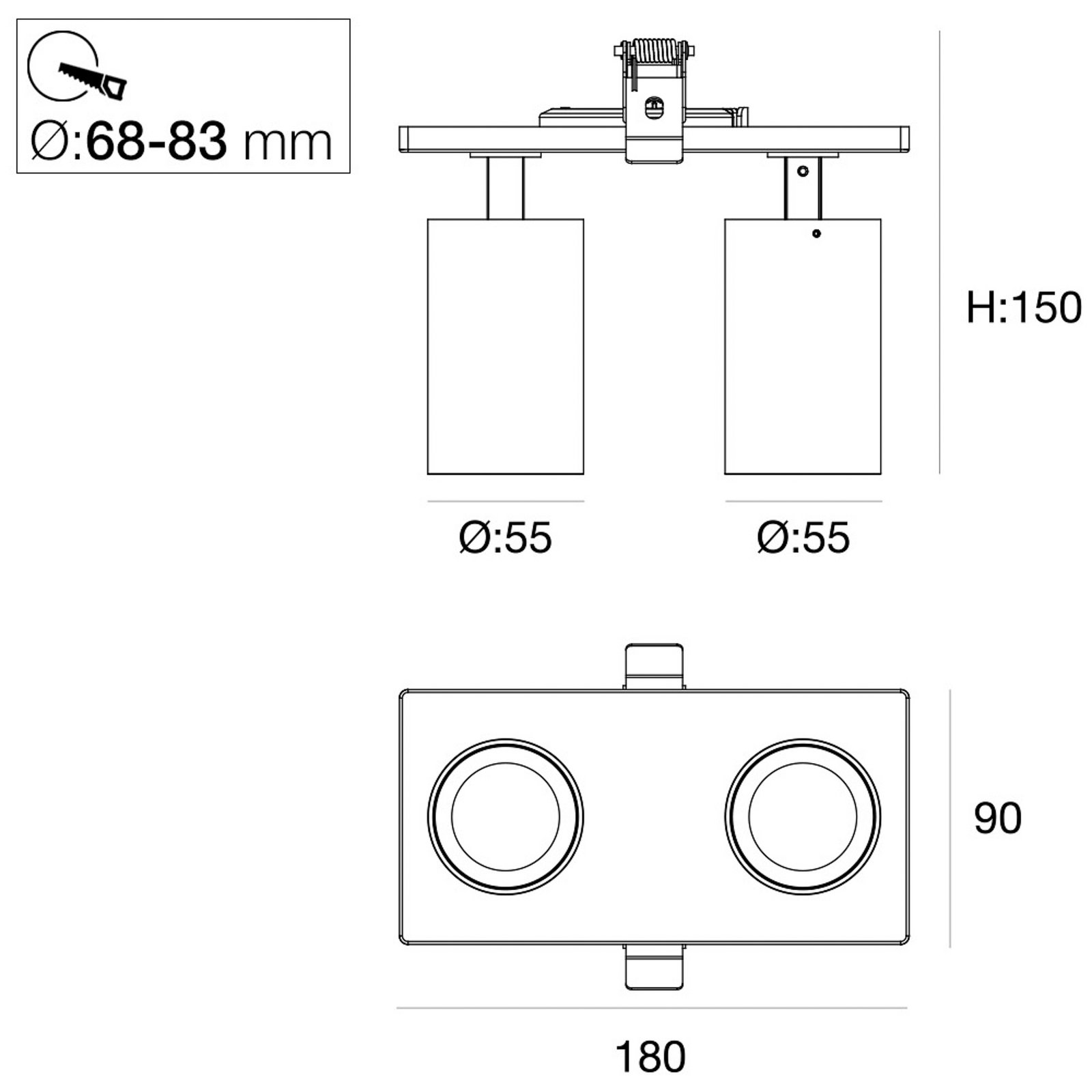 SLC LED-inbyggnadsspot Art, 2 lampor, vit, 2 700 K, aluminium