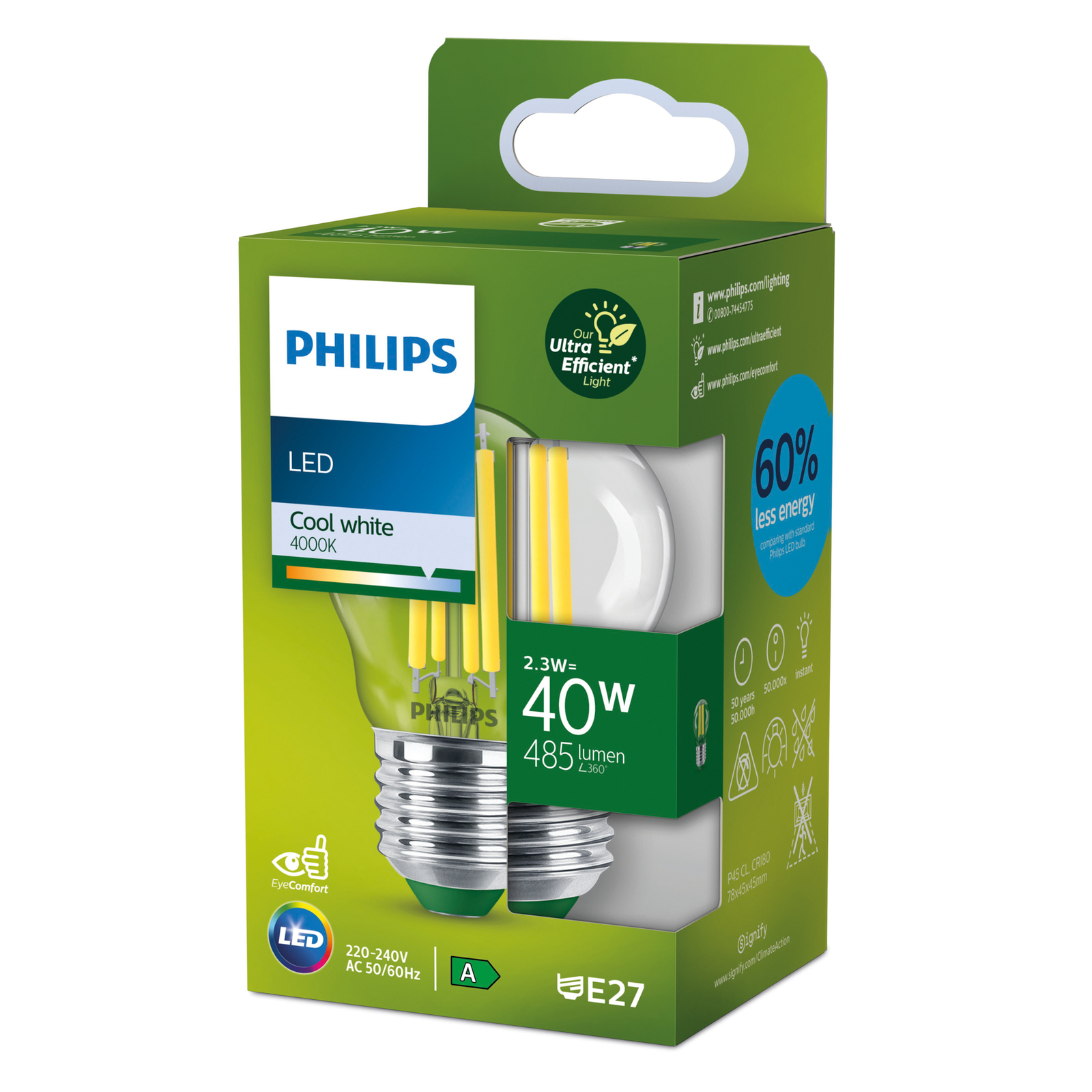 Philips E27 Lamp G45 2,3W 485lm 4.000K clear