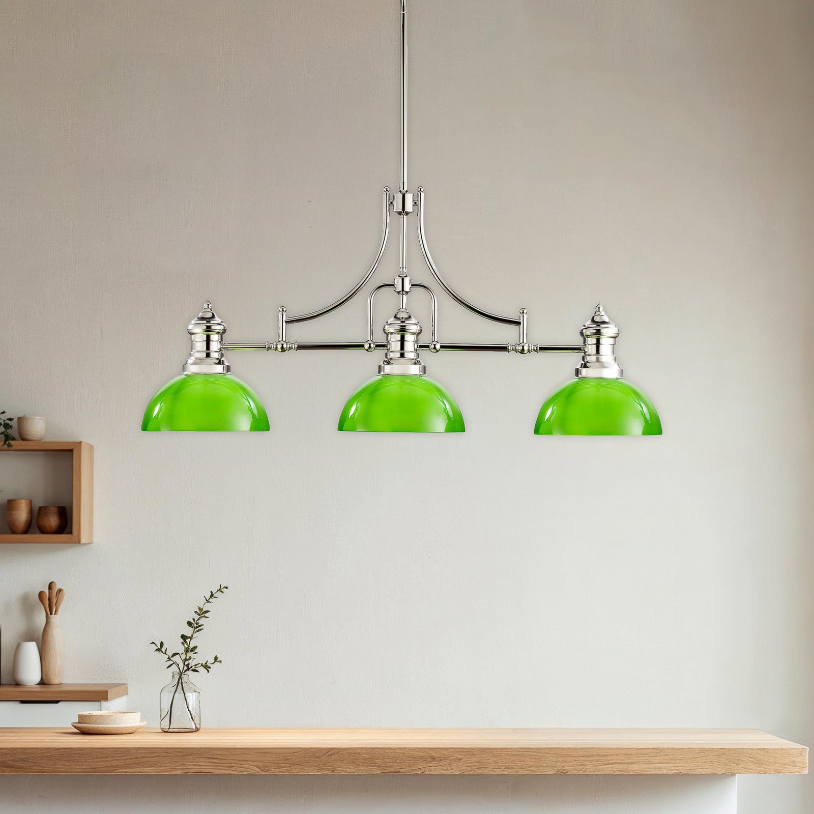 Lampada a sospensione Platino, argento/verde, vetro, E27, a 3 luci