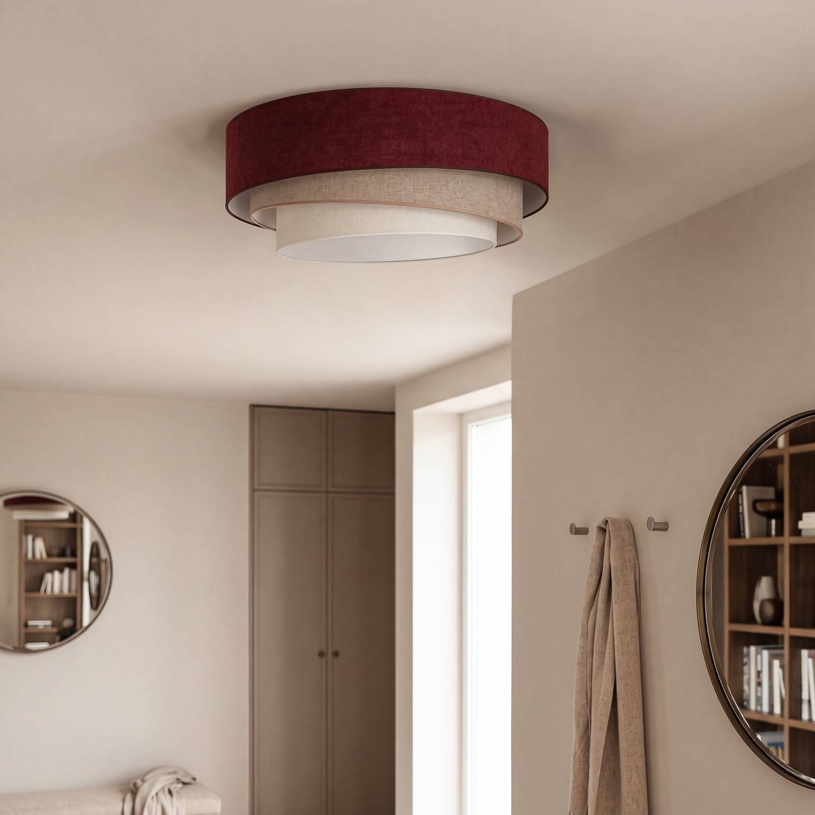 Lampa sufitowa Trio, ciemnoczerwona/beżowa, Ø 60 cm, tkanina, E27