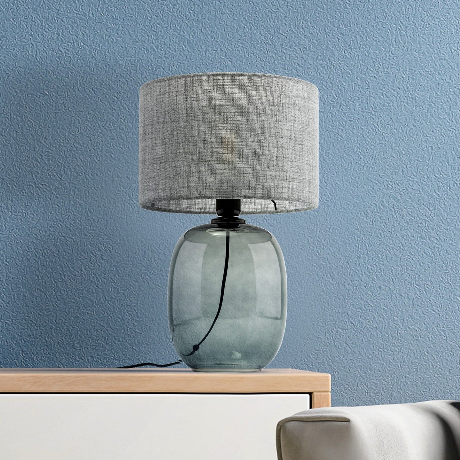 Melody tafellamp, hoogte 48 cm, rookgrijs glas, grijze stof