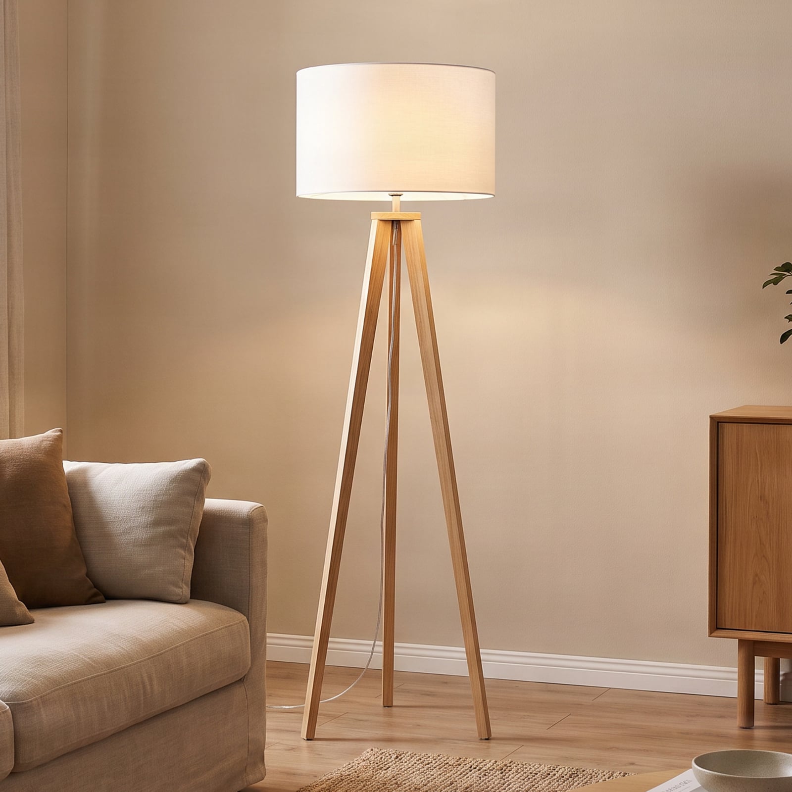 Lindby Stehleuchte Charlia, weiß, Holz, Höhe 150cm