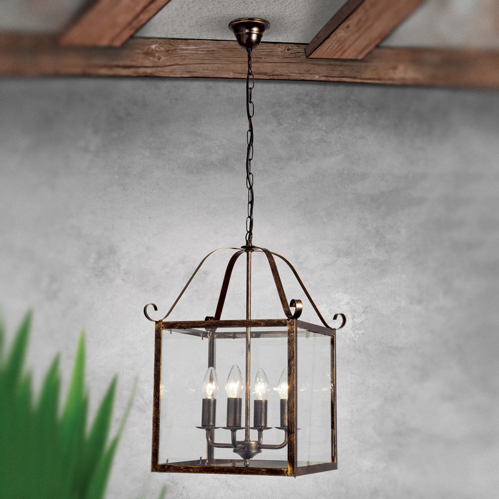 Hanglamp Manto, hoekig, goud antiek, 4-lamps