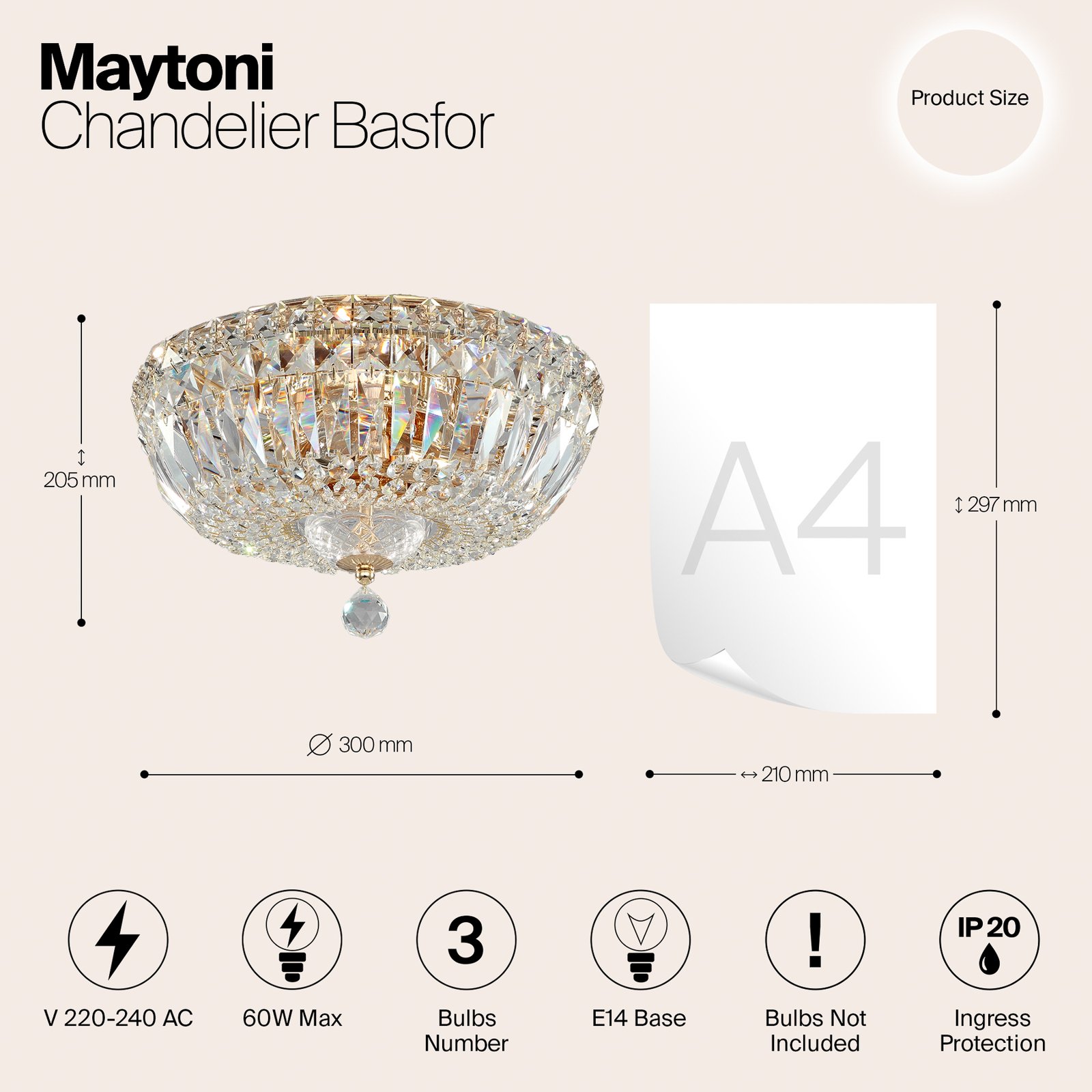 Maytoni Basfor ceiling light, gold-coloured, Ø 30 cm, 3 x E14