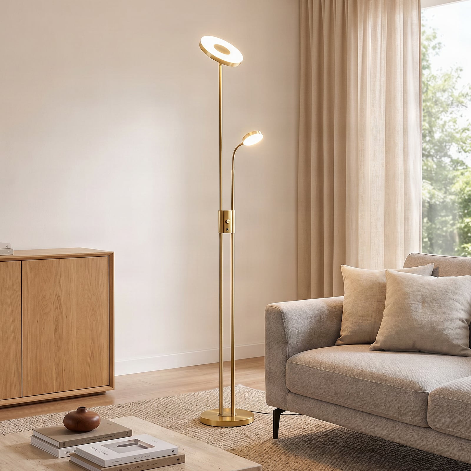 Lindby Lampa stojąca LED Seppa, okrągła, mosiężna, metalowa, 180 cm