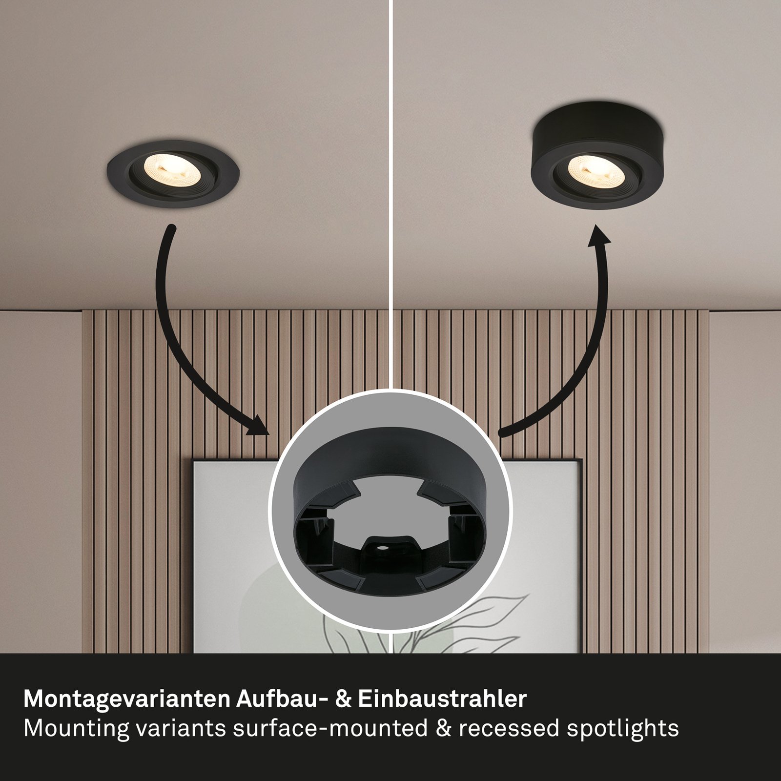 Luminaire encastrable LED Desi, noir, Ø9cm, marche/arrêt, 3000K