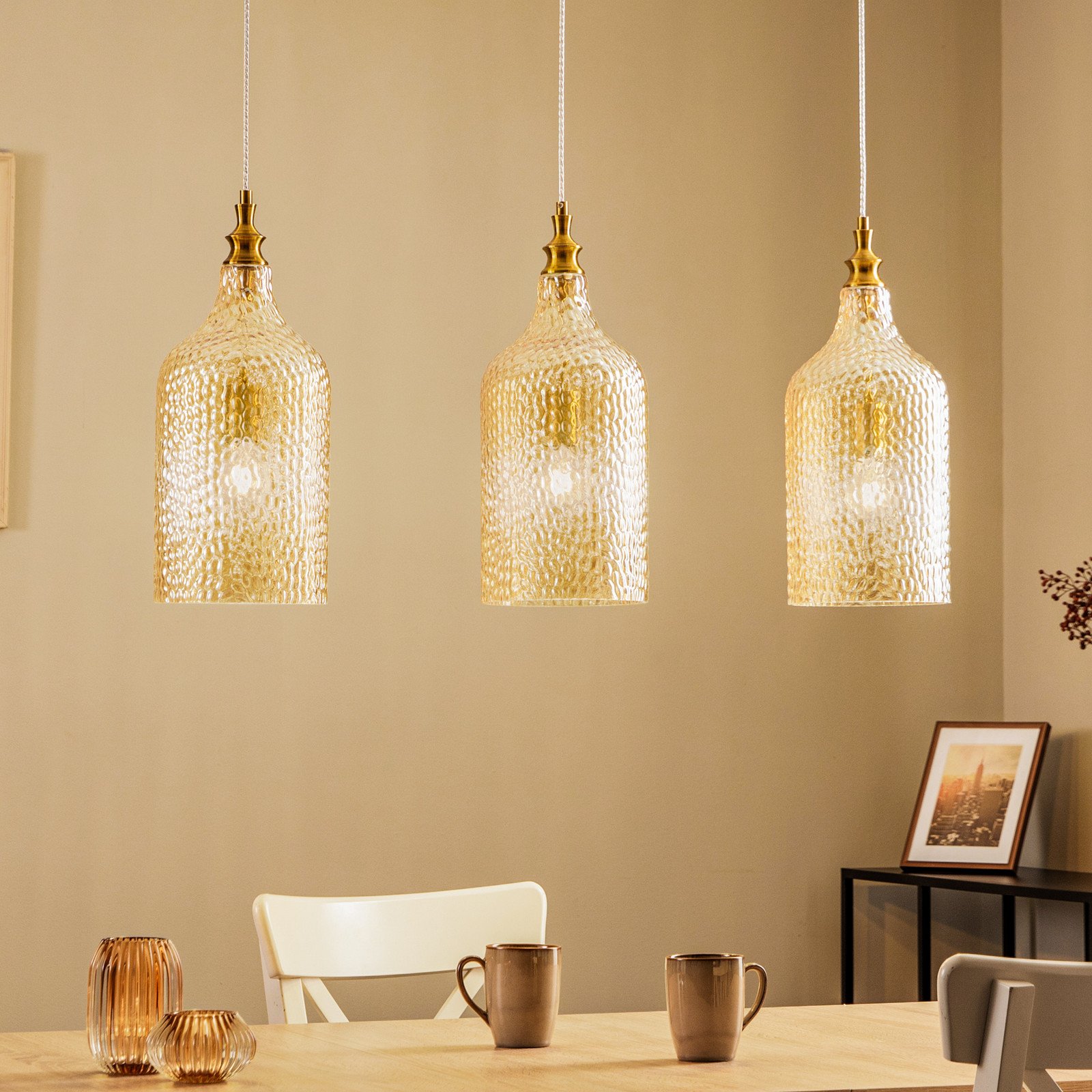 Lampă suspendată Lindby Drakar 3 lumini chihlimbar sticlă Ø 195 cm - Camera de zi / sufragerie - Vintage - chihlimbar aur
