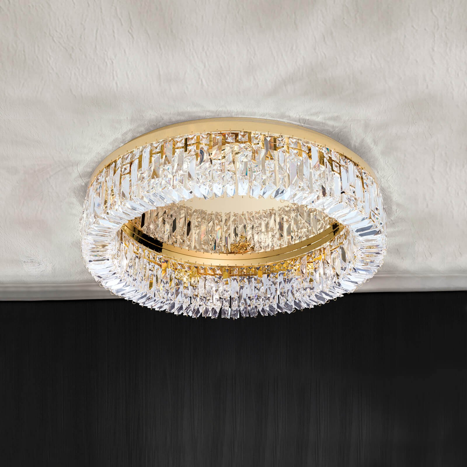 Ring crystal ceiling lamp - 24 carat gold-plated