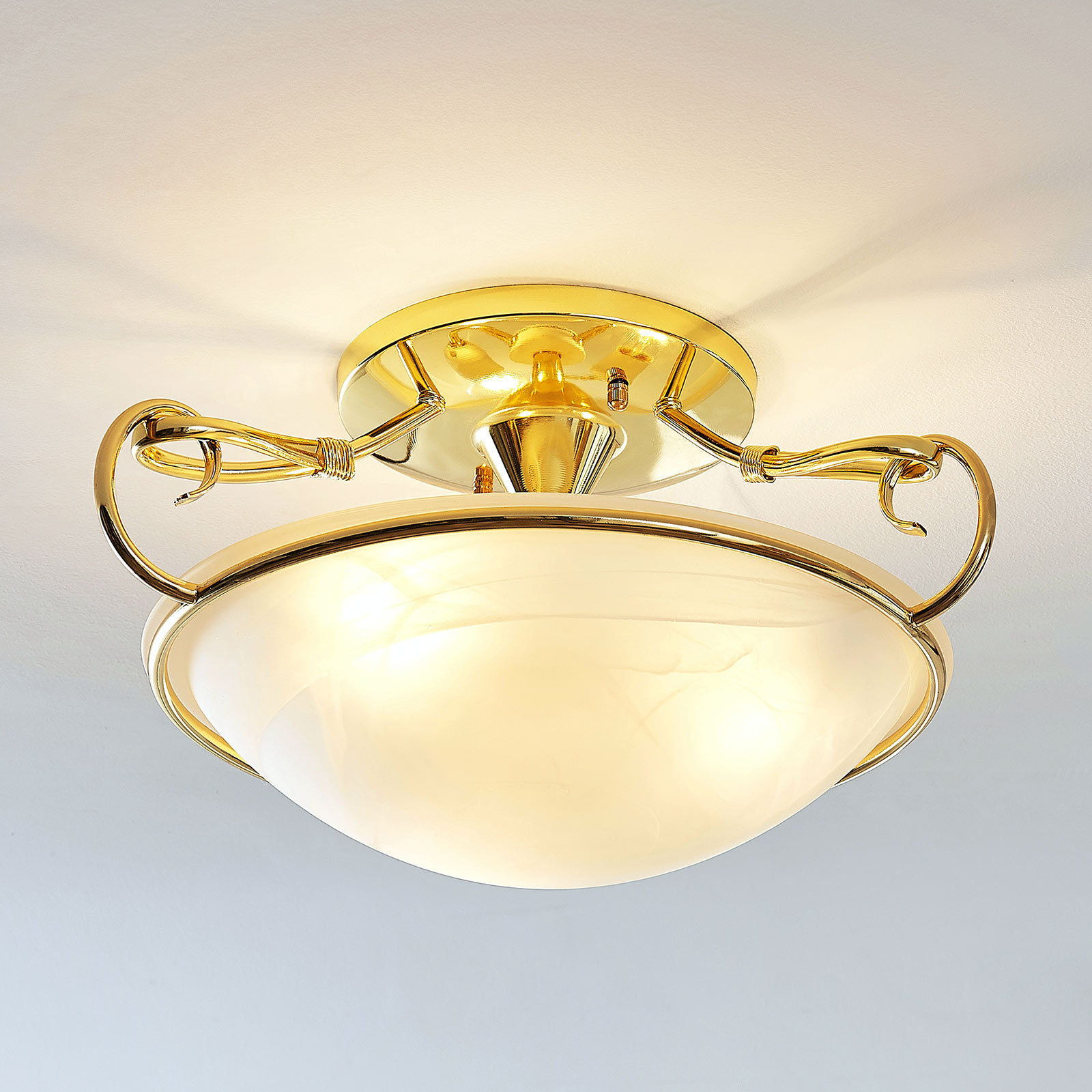 Lindby Lonika glass ceiling lamp, glossy brass, for Living / Dining Room, glass, metal, E27, 60 W, energy efficiency: A++, H: 25 cm