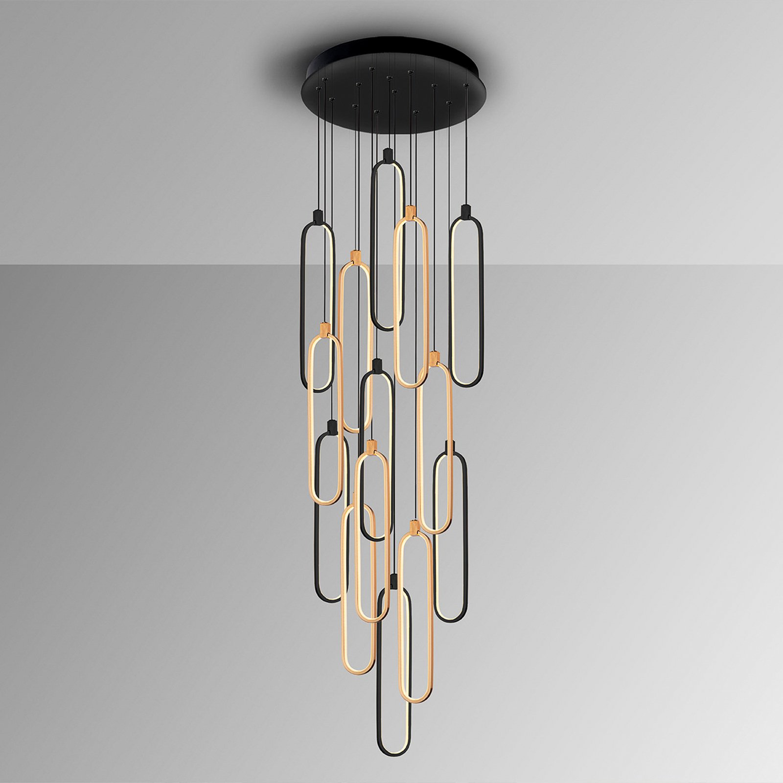 Colette LED pendant light, 14 lights, black/rose gold, round
