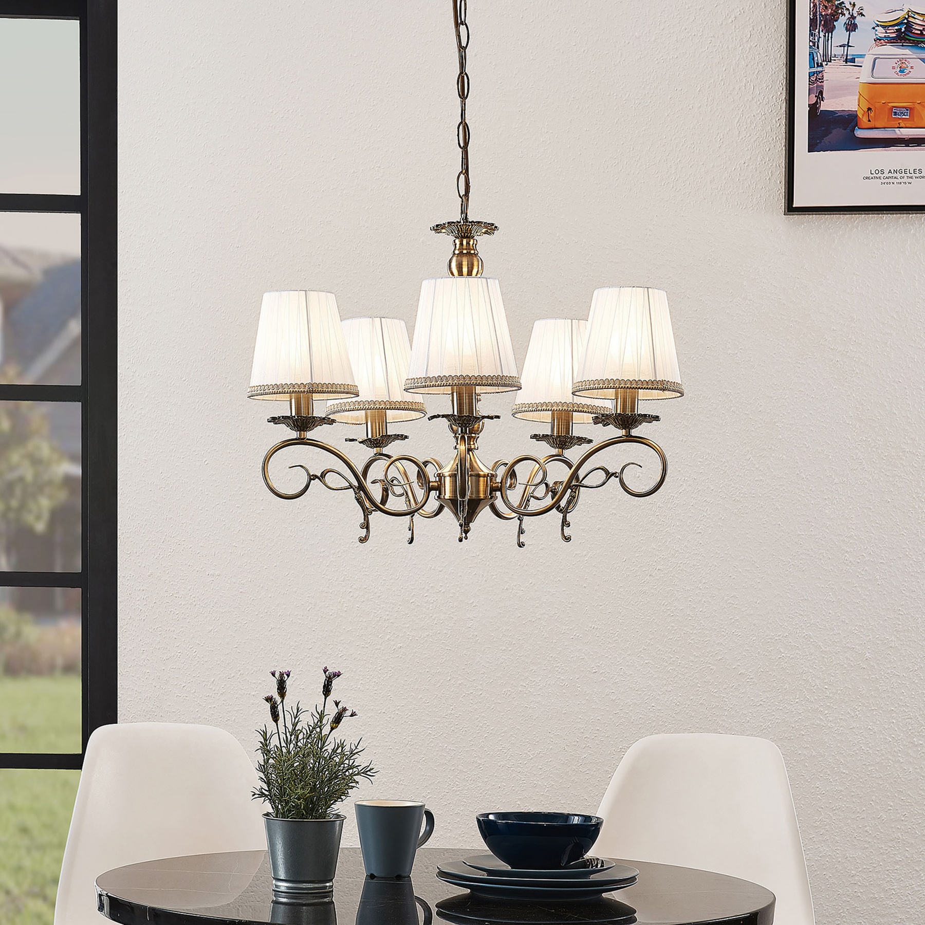 Lindby Finnick chandelier, five-bulb, brass, for Living / Dining Room, fabric, metal, E14, 40 W, energy efficiency: A++, H: 42 cm