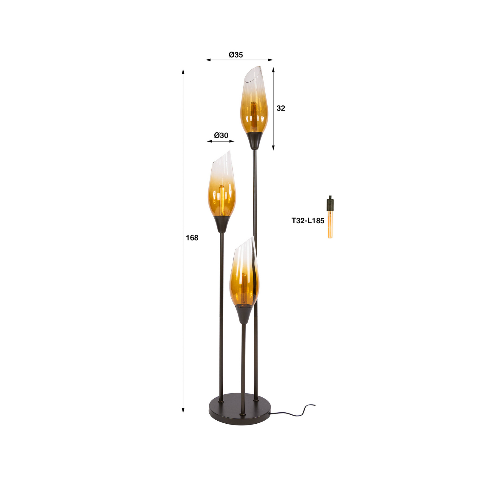 Stojací lampa Cocoon, sklo, jantarová, 3 žárovky, E27, 168 cm Stojací lampa Cocoon, sklo, jantarová, 3 žárovky, E27, 168 cm