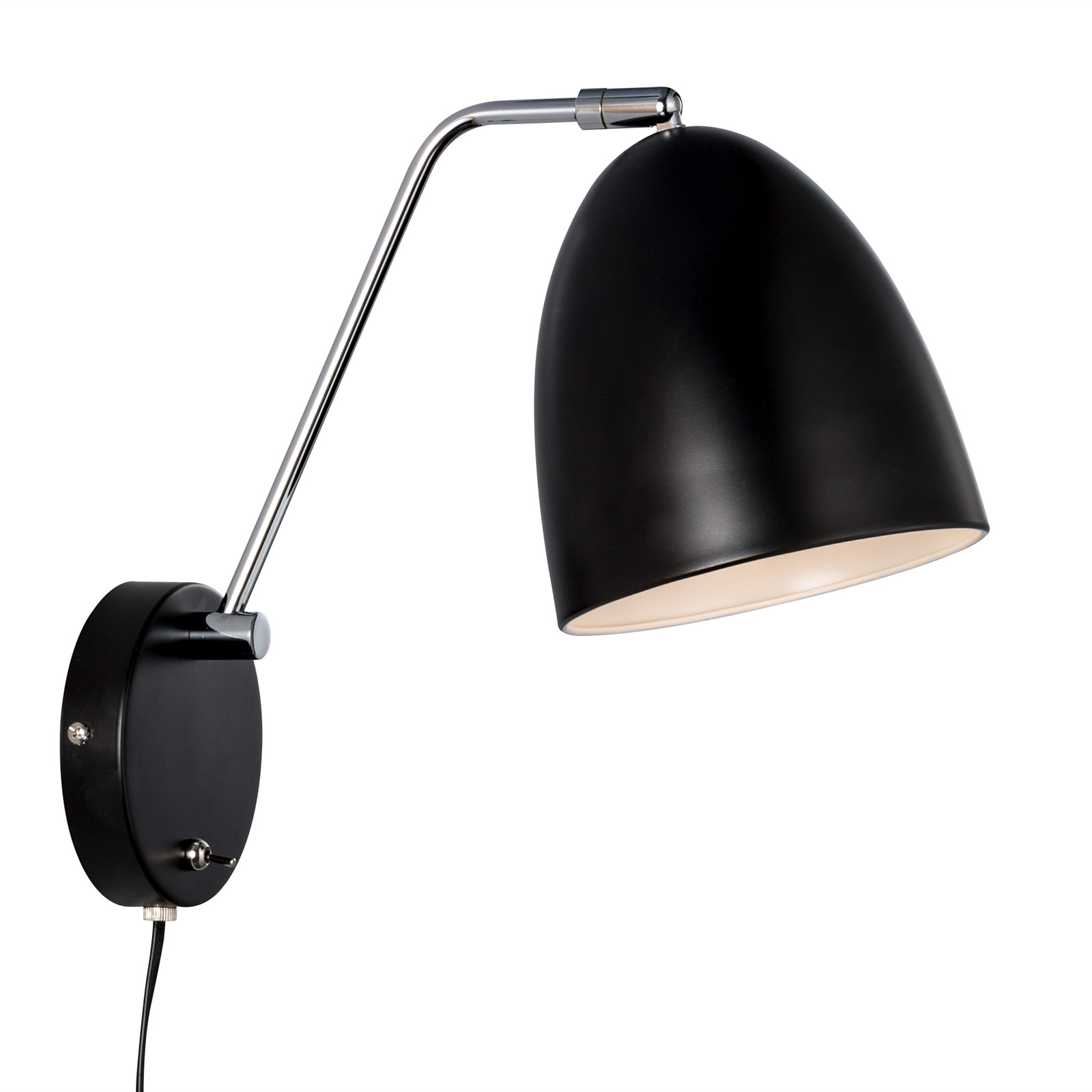 Nordlux Alexander wall lamp with cable and plug, black, for Living / Dining Room, metal, E27, 15 W, energy efficiency: A++, H: 28 cm