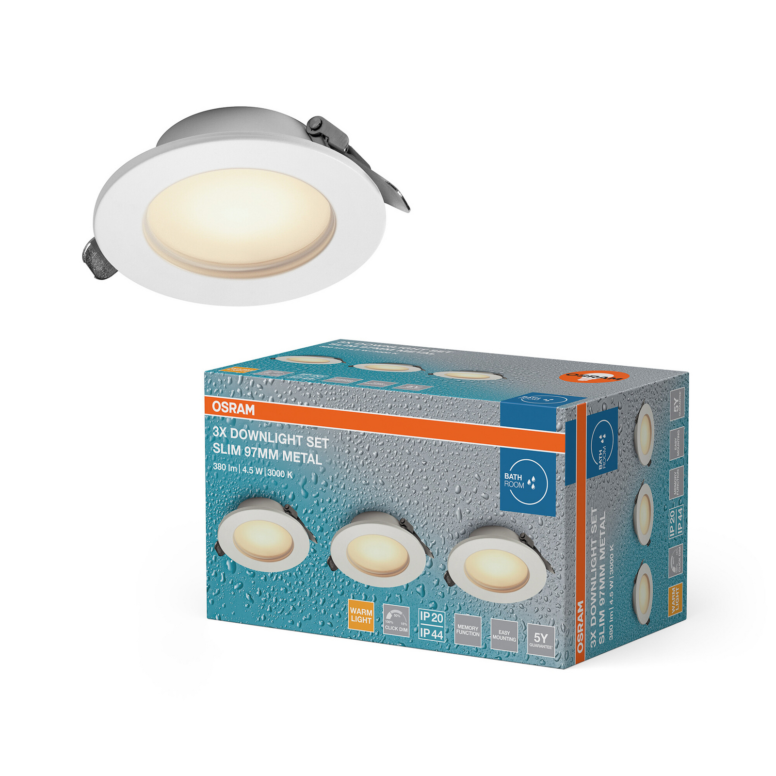 OSRAM LED iebūvējamā lampa ESSENTIAL, balta, Ø 9,7 cm, IP44, 3 gab. komplekts OSRAM LED iebūvējamā lampa ESSENTIAL, balta, Ø 9,7 cm, IP44, 3 gab. komplekts